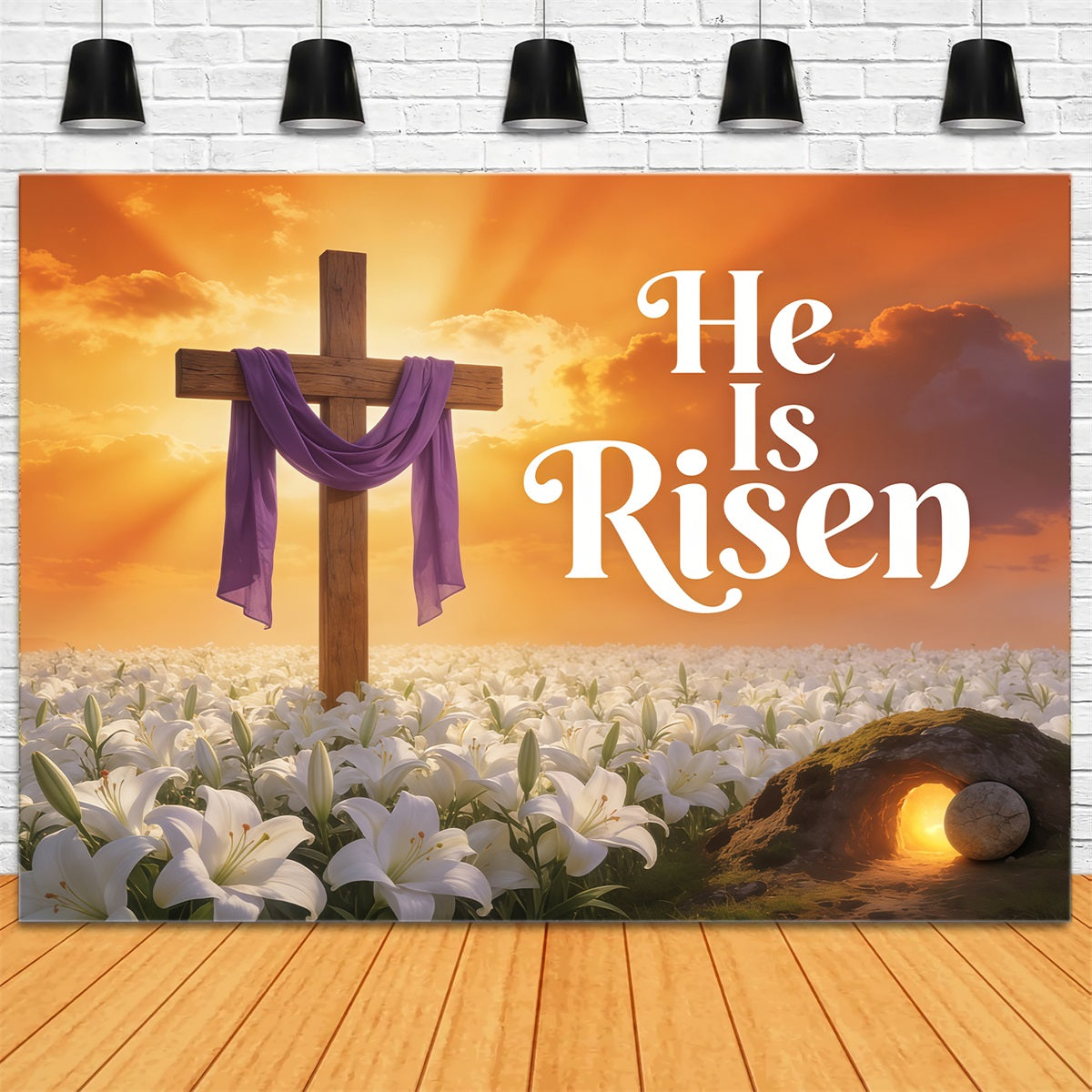 Easter He Is Risen Backdrop Cross Lilies Sunrise Photography Easter Backdrop UK CSH61-79