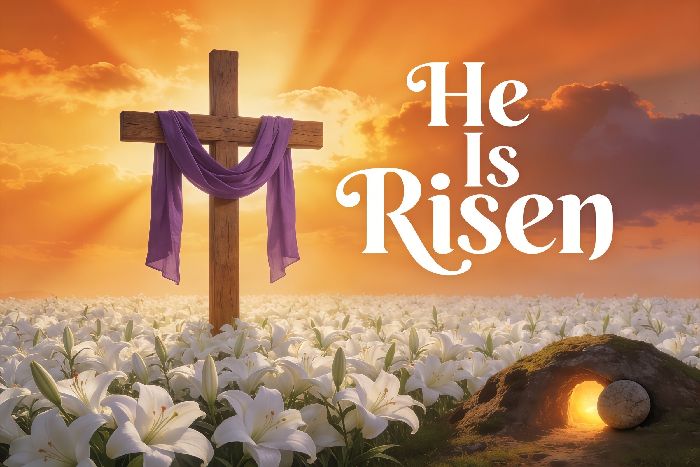 Easter He Is Risen Backdrop Cross Lilies Sunrise Photography Easter Backdrop UK CSH61-79