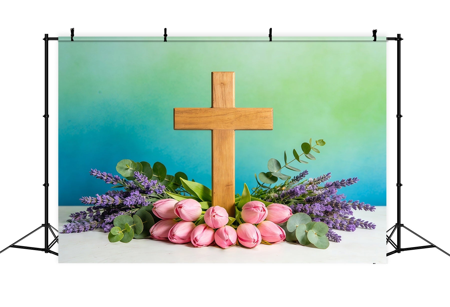 Easter Church Photo Backdrop Spring Flowers Cross Teal Wall Easter Backdrop Ideas UK CSH61-8