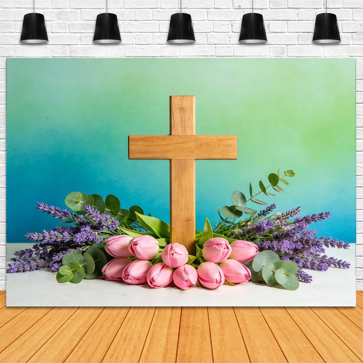 Easter Church Photo Backdrop Spring Flowers Cross Teal Wall Easter Backdrop Ideas UK CSH61-8