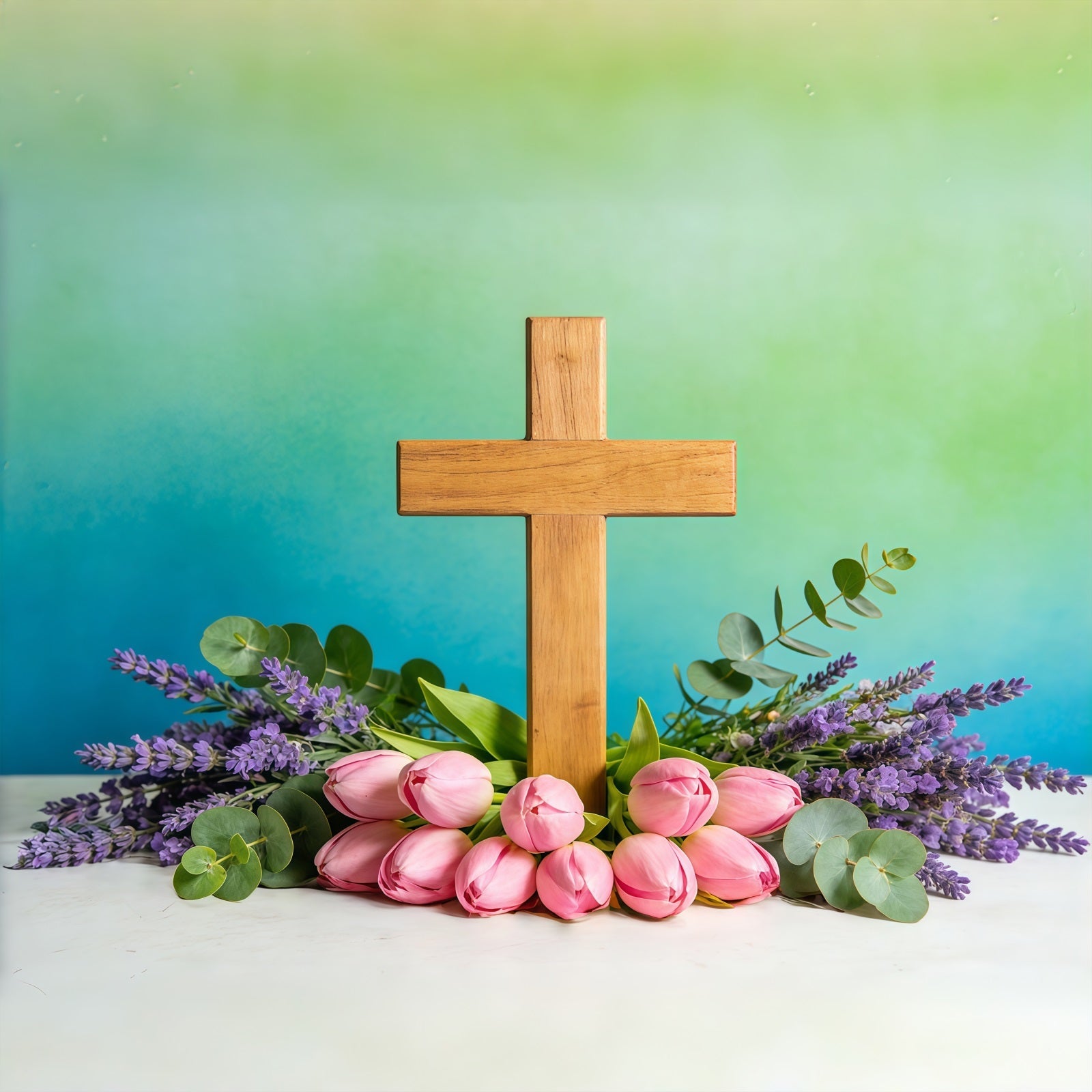 Easter Church Photo Backdrop Spring Flowers Cross Teal Wall Easter Backdrop Ideas UK CSH61-8