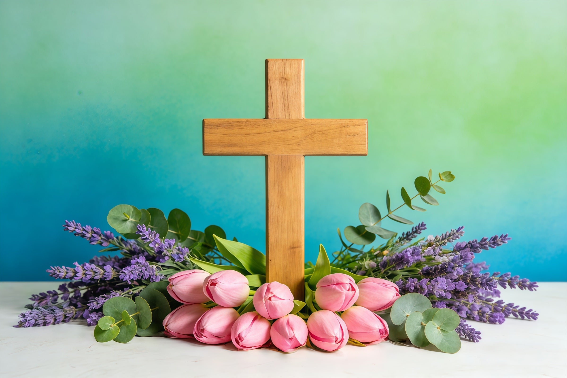 Easter Church Photo Backdrop Spring Flowers Cross Teal Wall Easter Backdrop Ideas UK CSH61-8