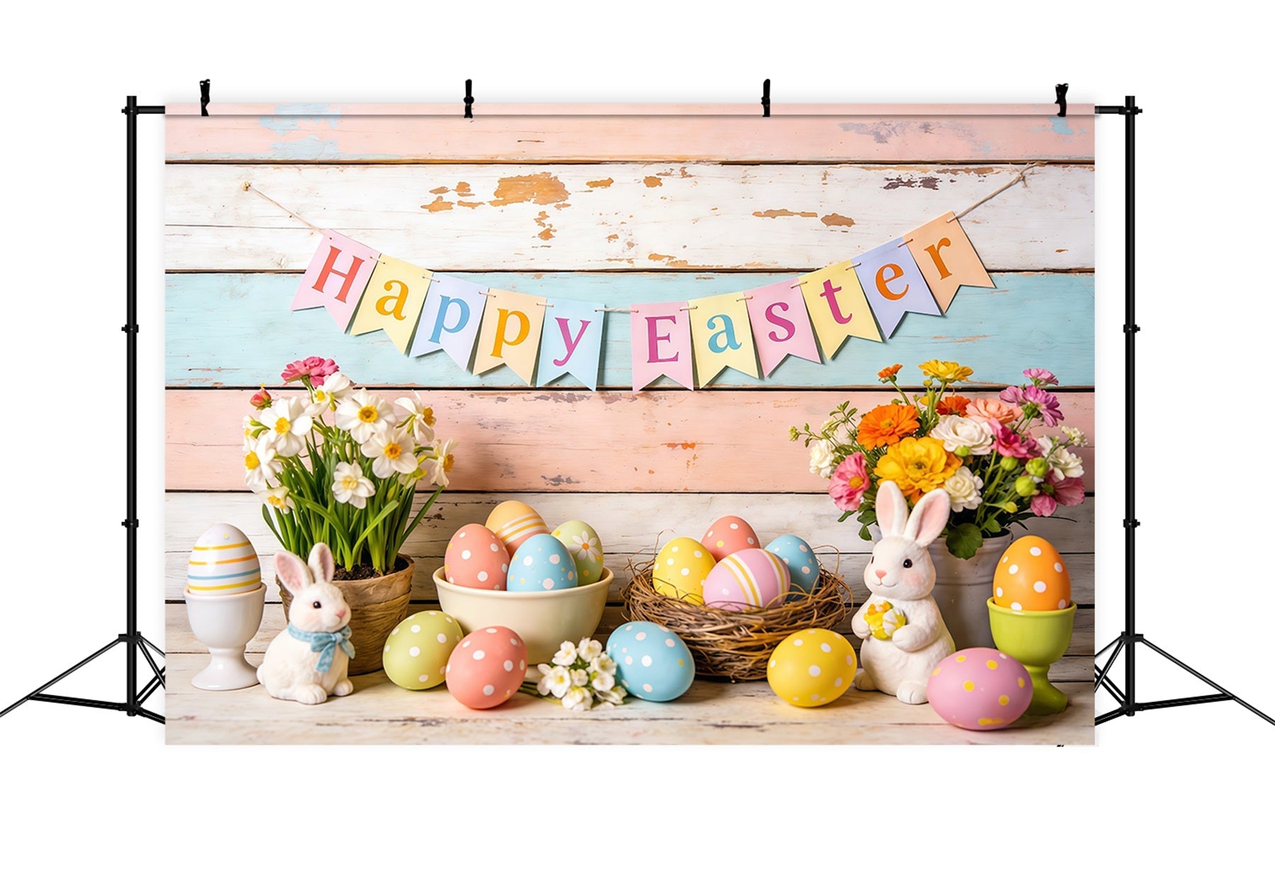 Happy Easter Backdrop Bunnies Eggs Flowers Banner Easter Themed Backdrop UK CSH61-81