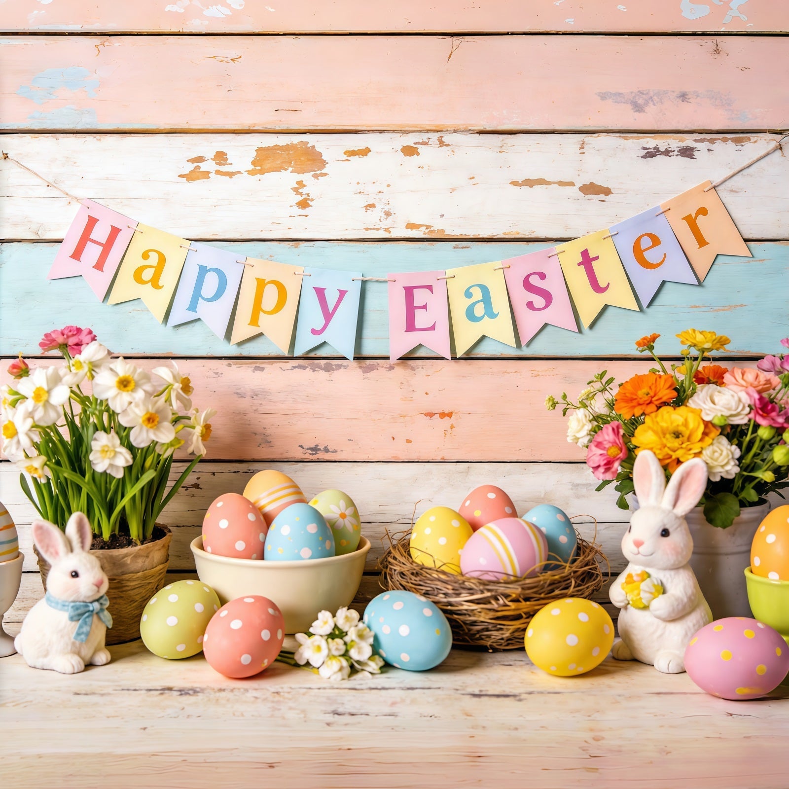 Happy Easter Backdrop Bunnies Eggs Flowers Banner Easter Themed Backdrop UK CSH61-81