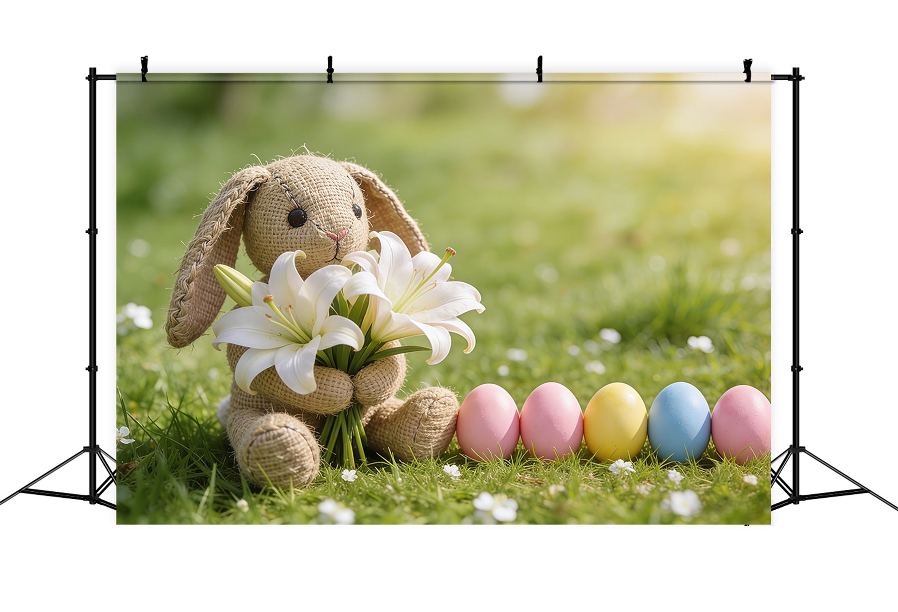 Easter Grass Backdrop Bunny Lilies Pastel Eggs Grass Happy Easter Photo Backdrop UK CSH61-83