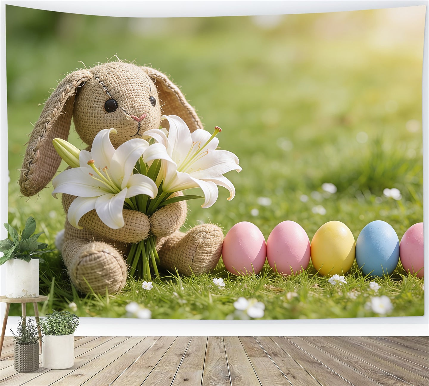 Easter Grass Backdrop Bunny Lilies Pastel Eggs Grass Happy Easter Photo Backdrop UK CSH61-83