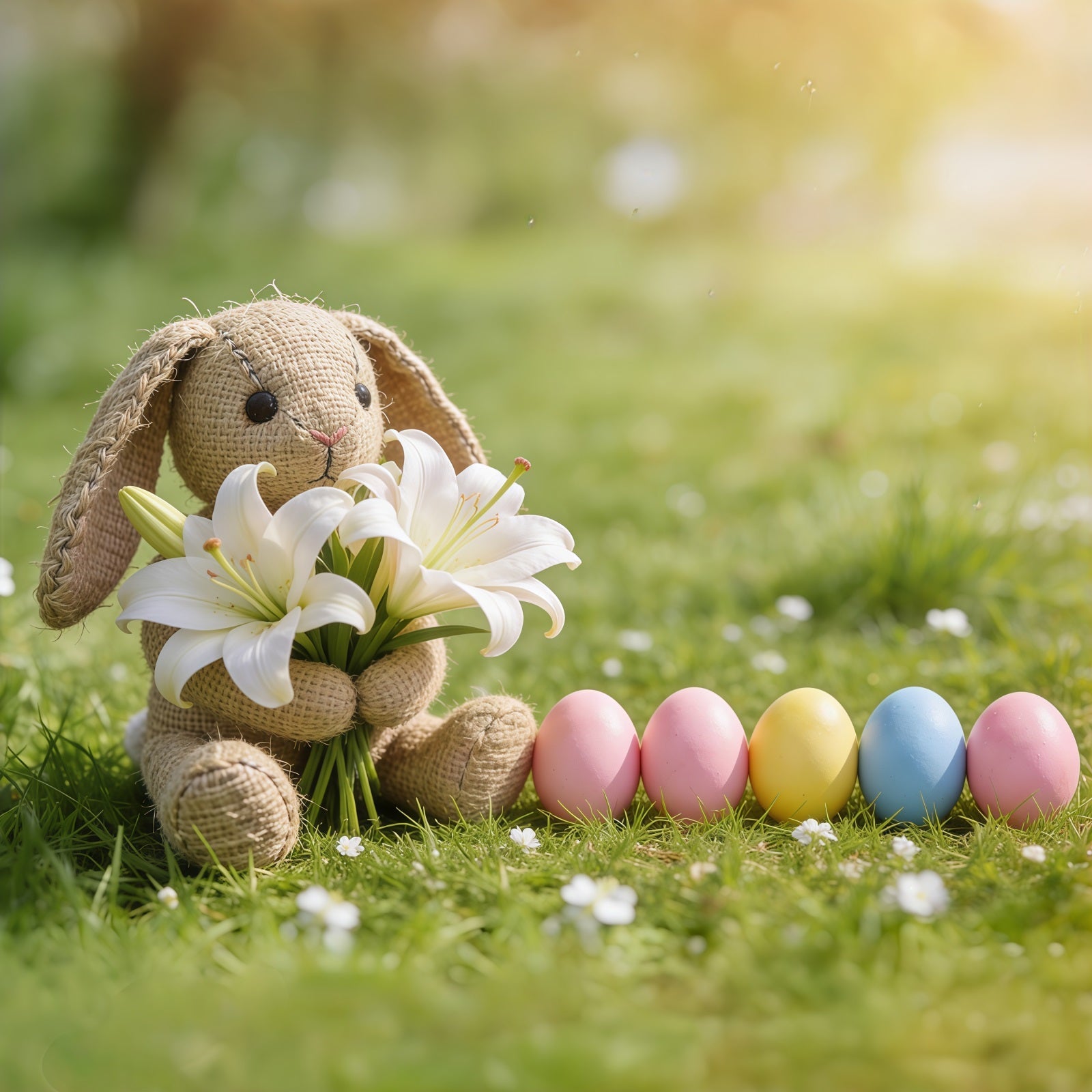 Easter Grass Backdrop Bunny Lilies Pastel Eggs Grass Happy Easter Photo Backdrop UK CSH61-83
