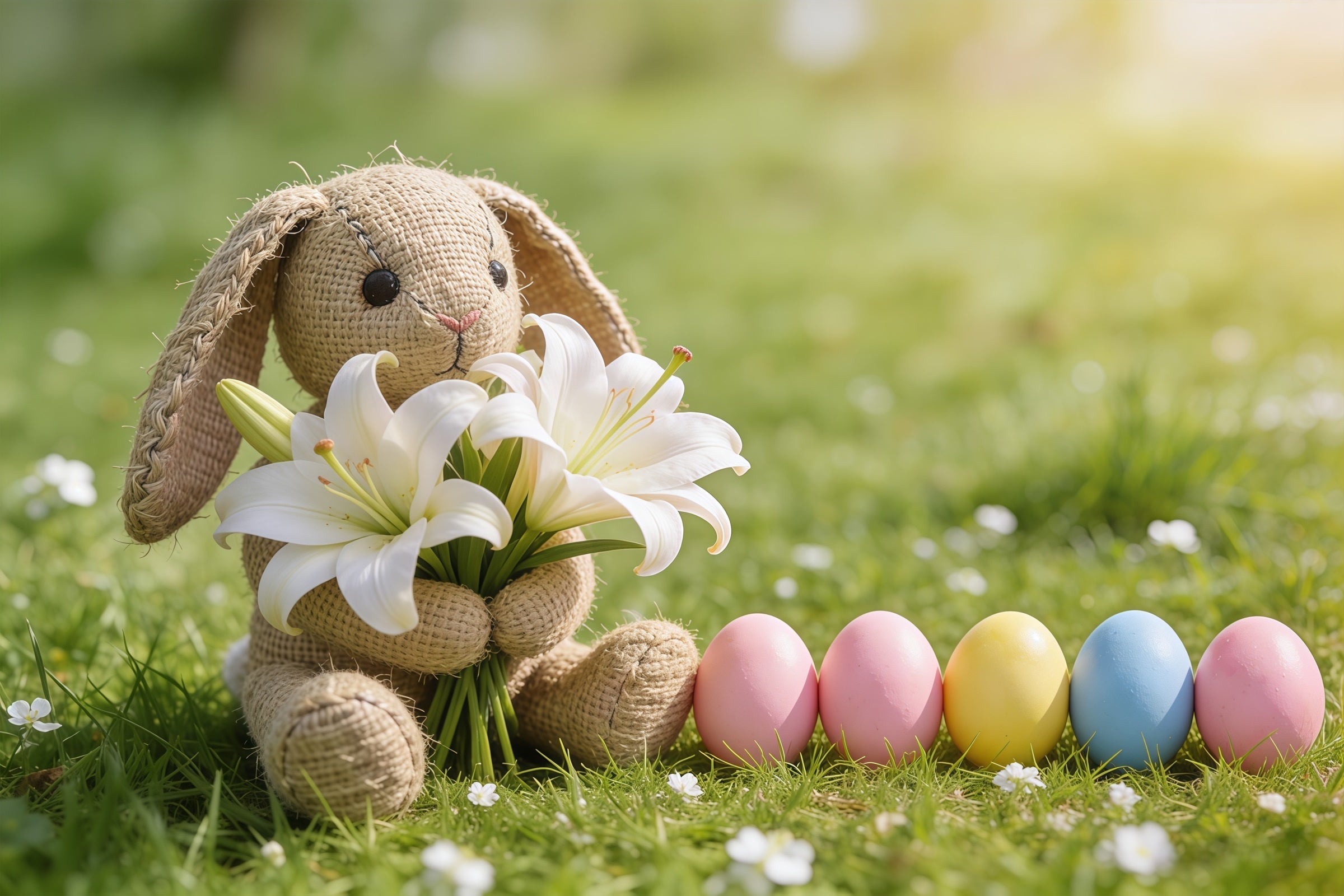 Easter Grass Backdrop Bunny Lilies Pastel Eggs Grass Happy Easter Photo Backdrop UK CSH61-83