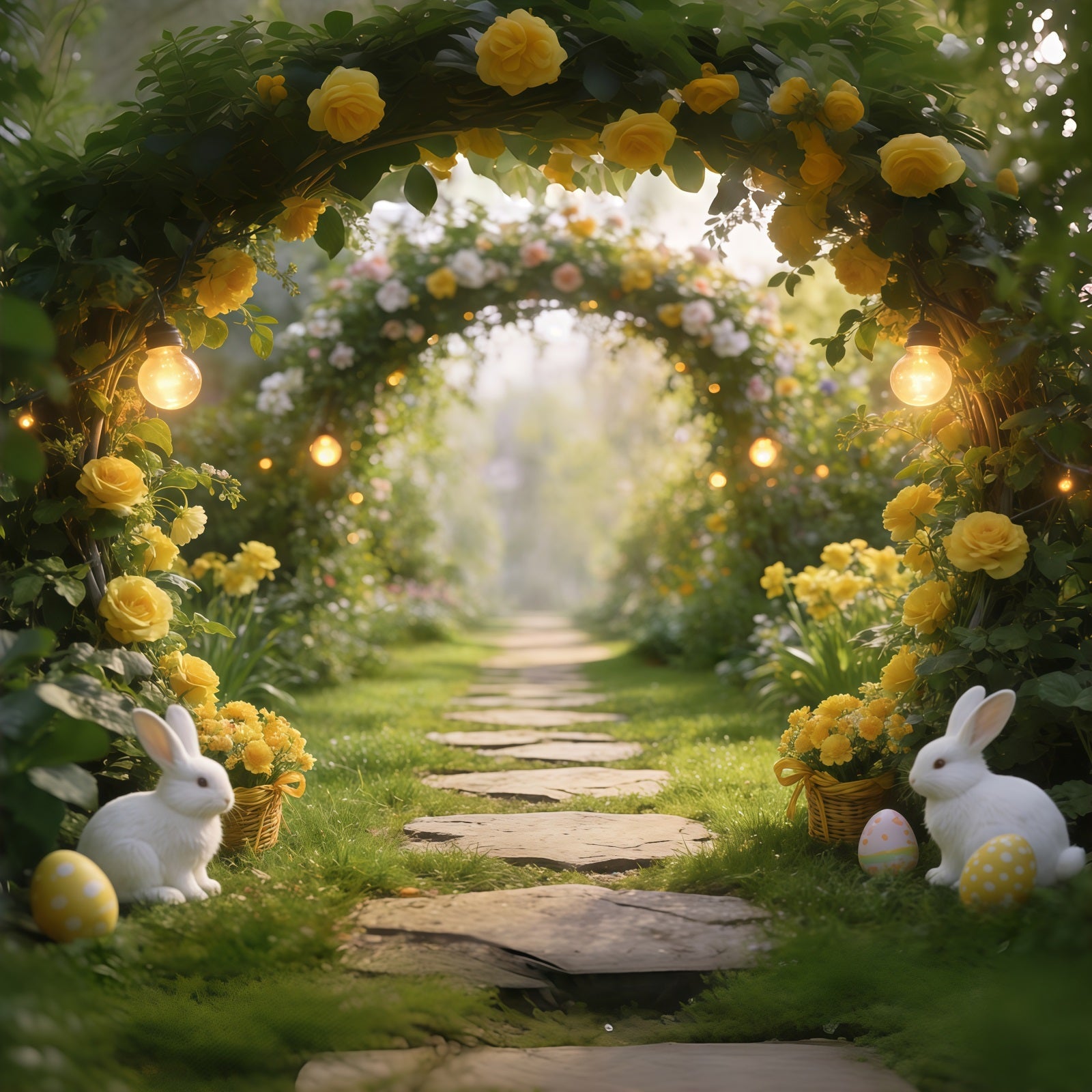 Easter Grass Backdrop Garden Arch Bunnies Eggs Lights Happy Easter Photo Backdrop UK CSH61-84
