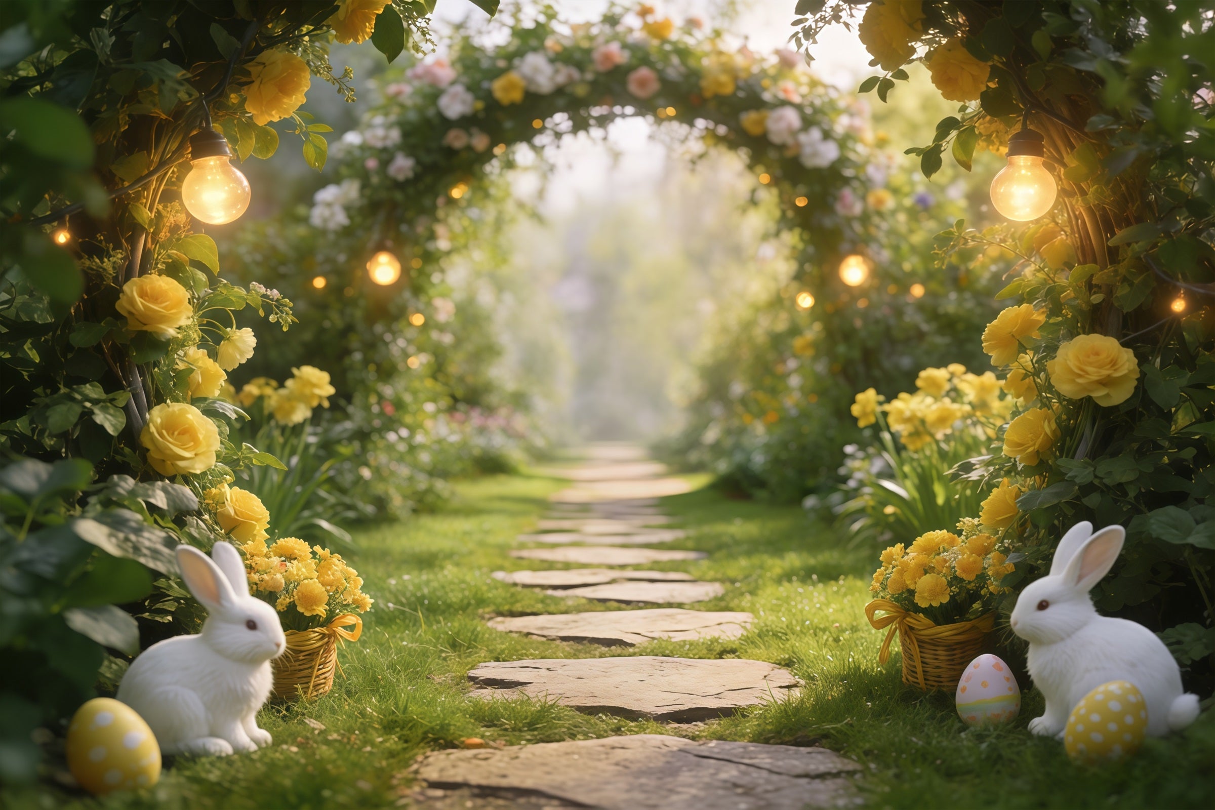 Easter Grass Backdrop Garden Arch Bunnies Eggs Lights Happy Easter Photo Backdrop UK CSH61-84