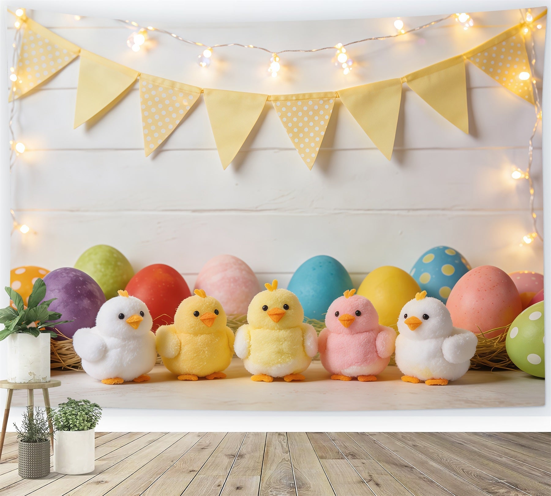 Easter Marshmallow Chick Backdrop Colorful Eggs Bunting Flags Photography Backdrop Easter UK CSH61-85