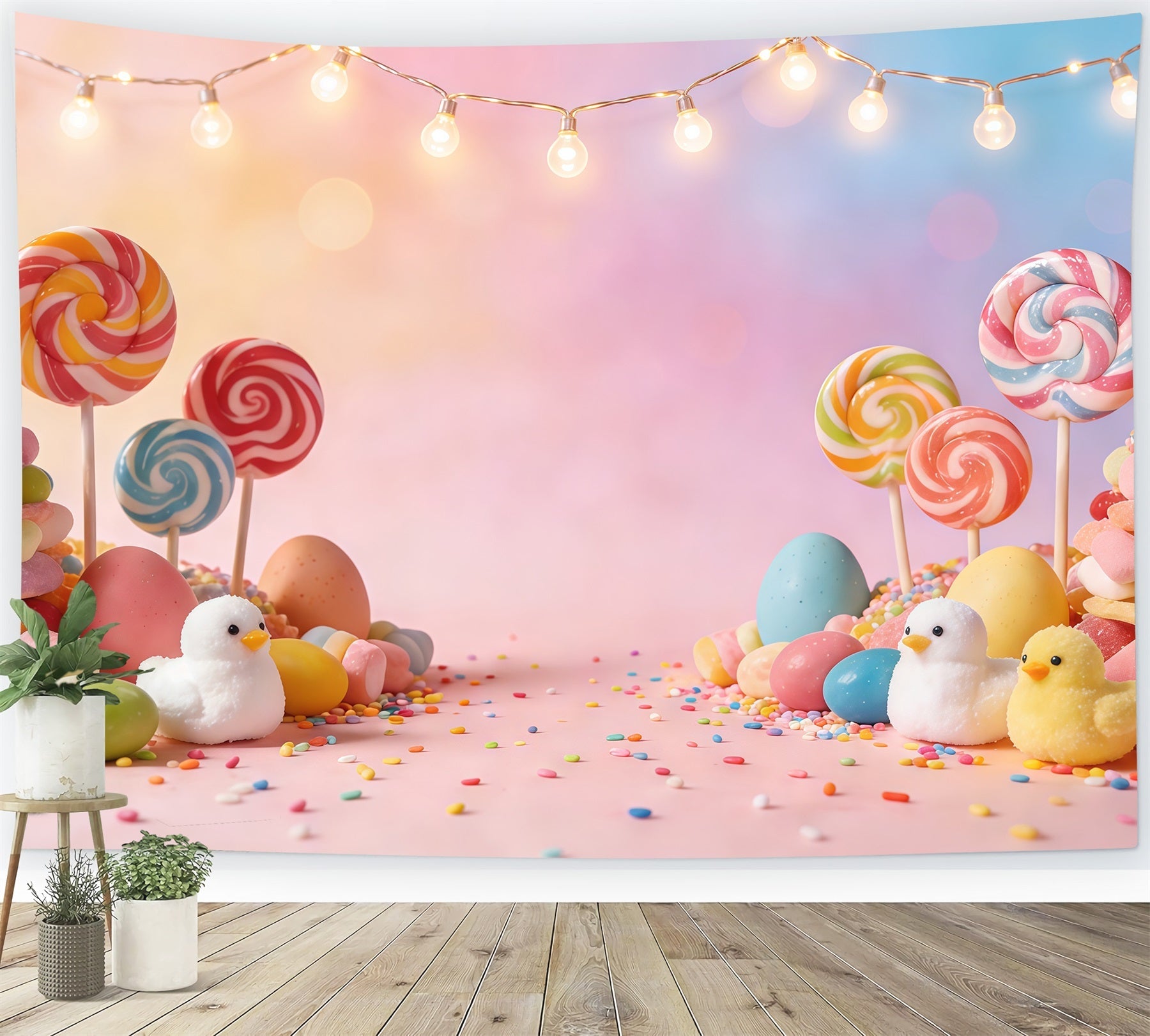Easter Marshmallow Chick Backdrop Pastel Candy Lollipops Eggs Photography Backdrop Easter UK CSH61-86