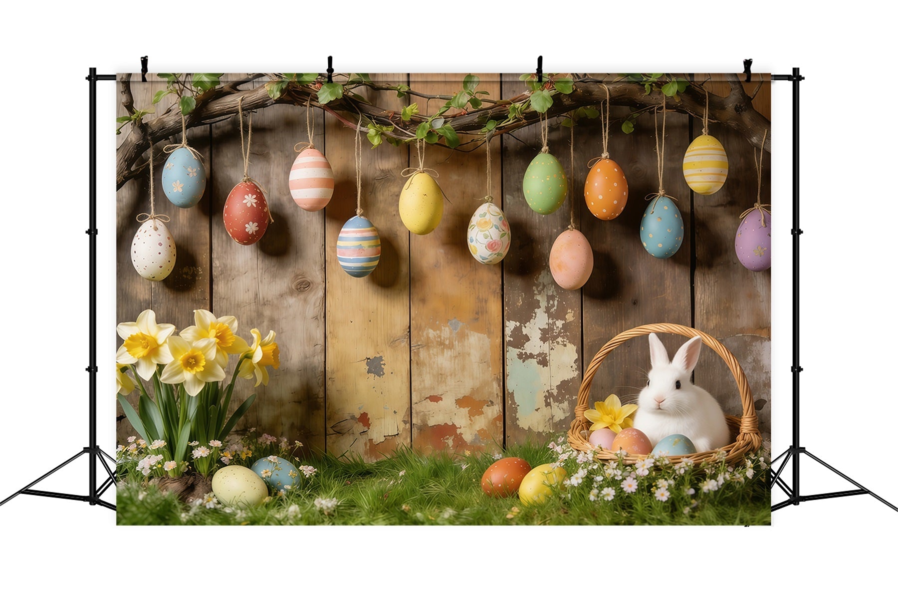 Easter Rustic Backdrop Hanging Eggs Bunny Basket Daffodils Photo Backdrops For Easter UK CSH61-87