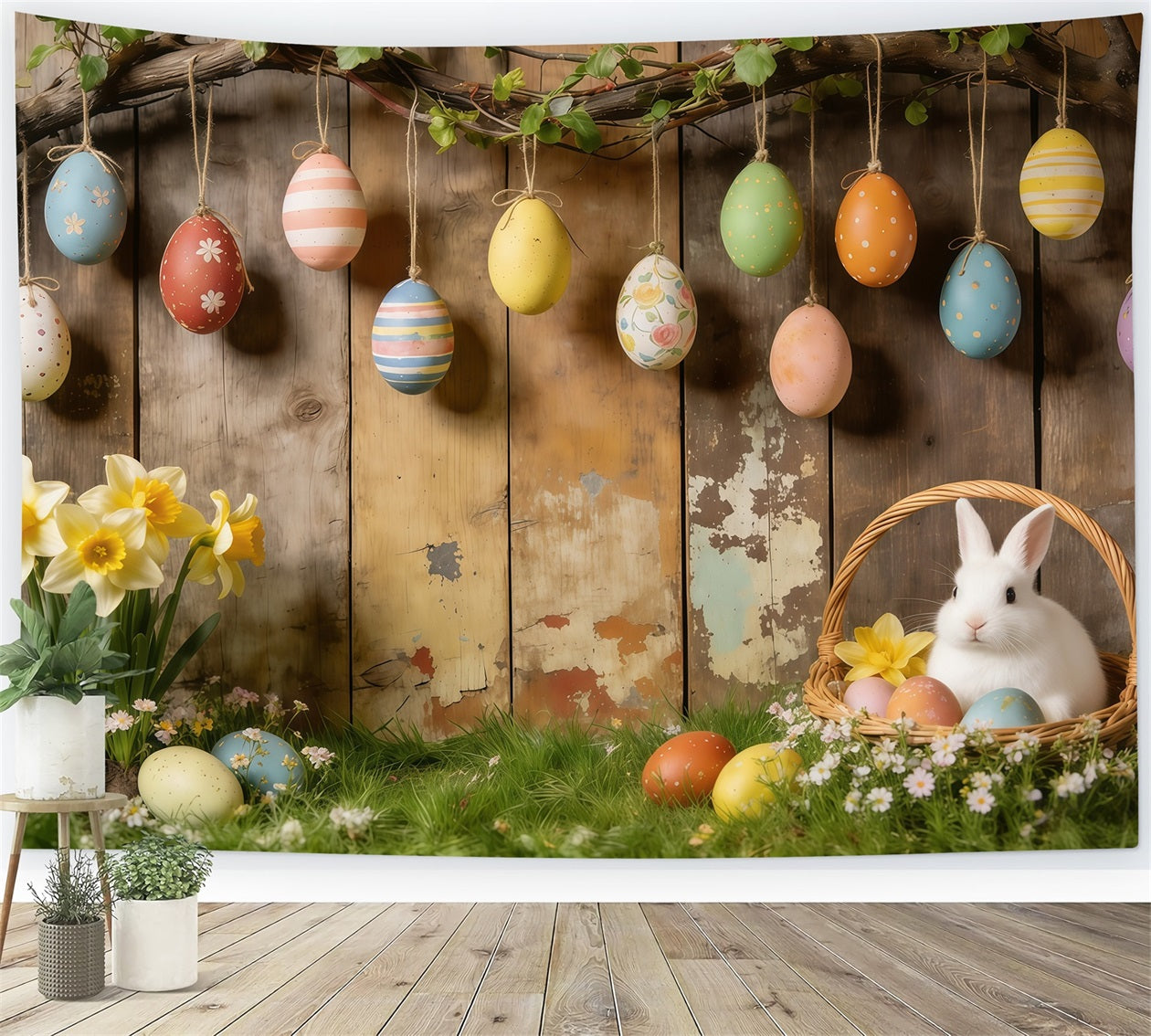 Easter Rustic Backdrop Hanging Eggs Bunny Basket Daffodils Photo Backdrops For Easter UK CSH61-87
