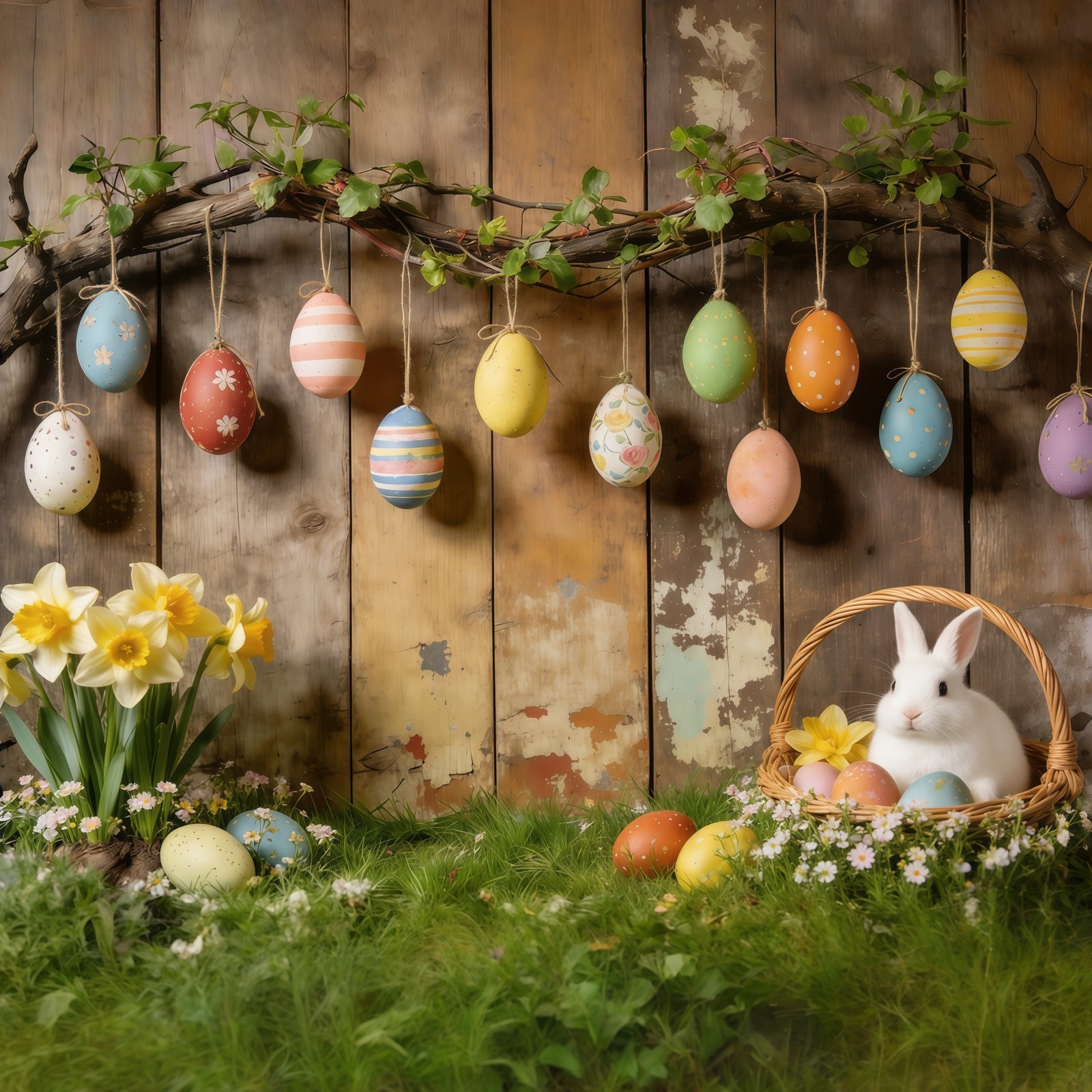 Easter Rustic Backdrop Hanging Eggs Bunny Basket Daffodils Photo Backdrops For Easter UK CSH61-87