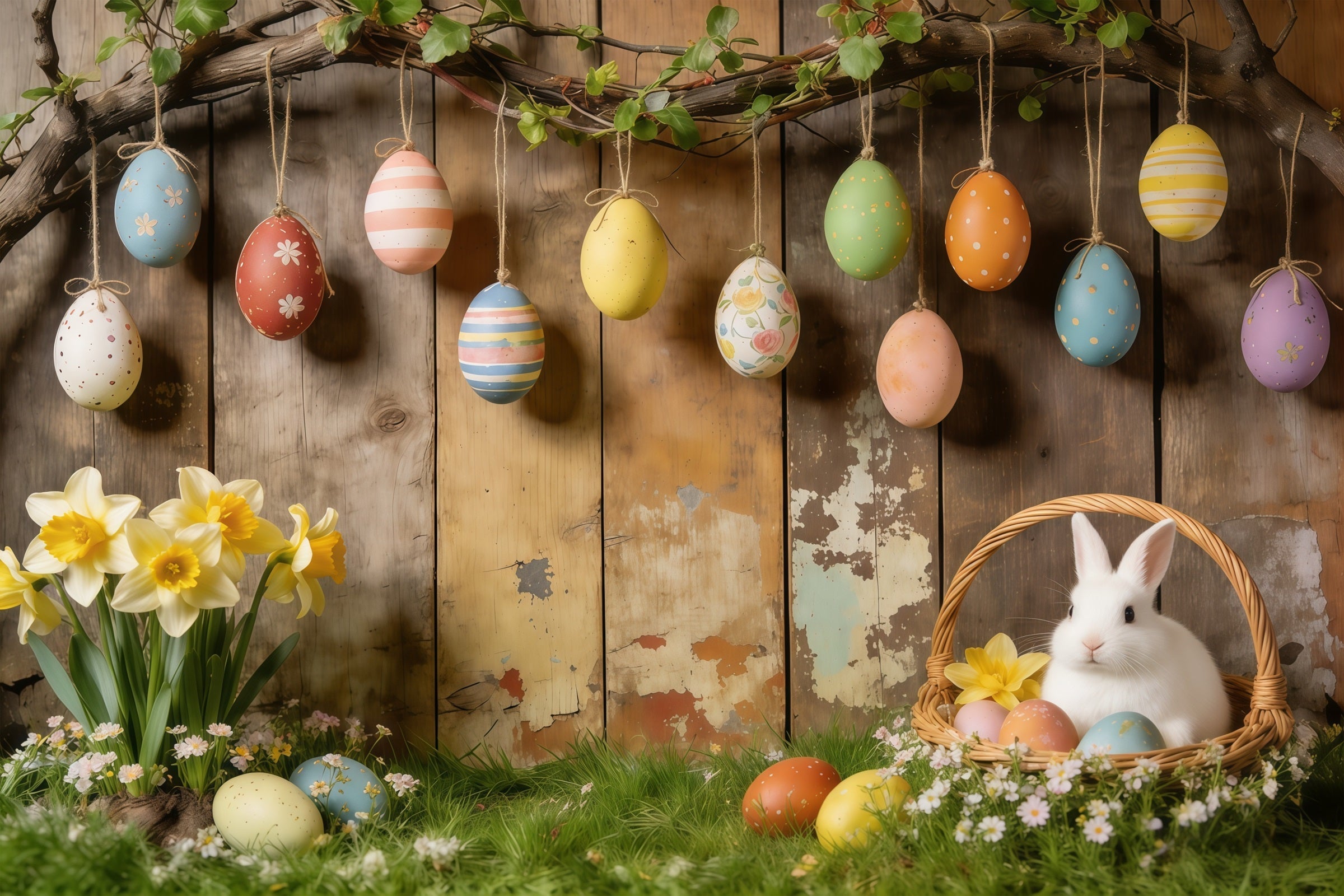 Easter Rustic Backdrop Hanging Eggs Bunny Basket Daffodils Photo Backdrops For Easter UK CSH61-87