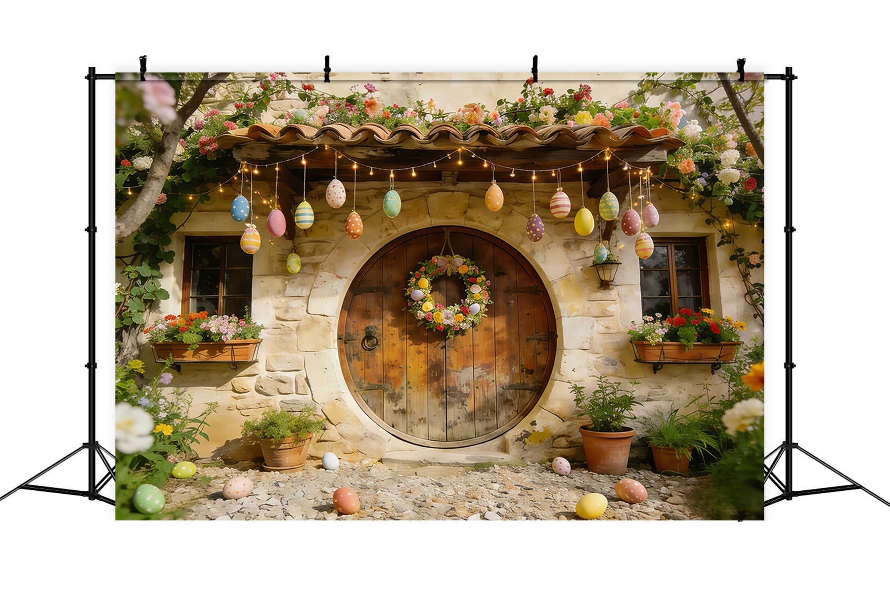 Easter Cottage Garden Backdrop Stone House Eggs Wreath Flowers Simple Easter Backdrop UK CSH61-88
