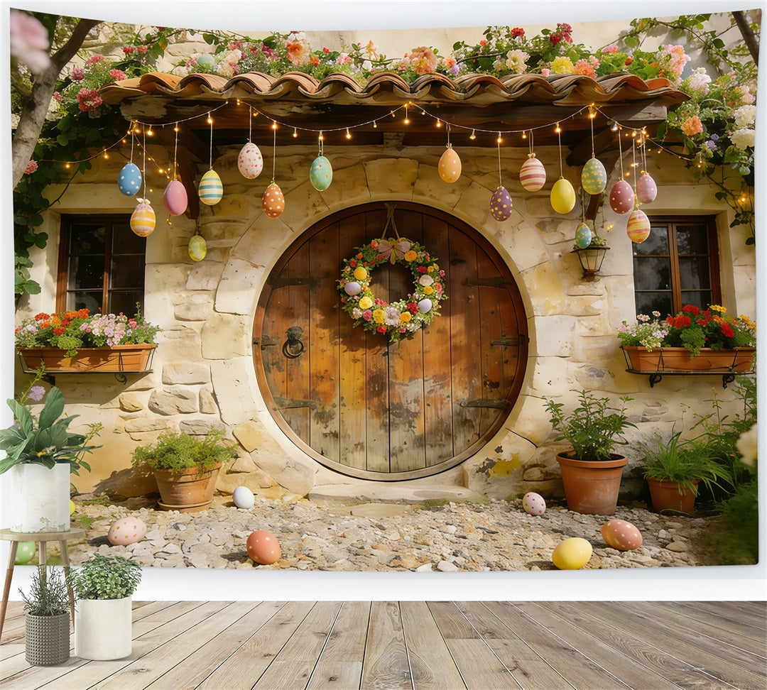 Easter Cottage Garden Backdrop Stone House Eggs Wreath Flowers Simple Easter Backdrop UK CSH61-88