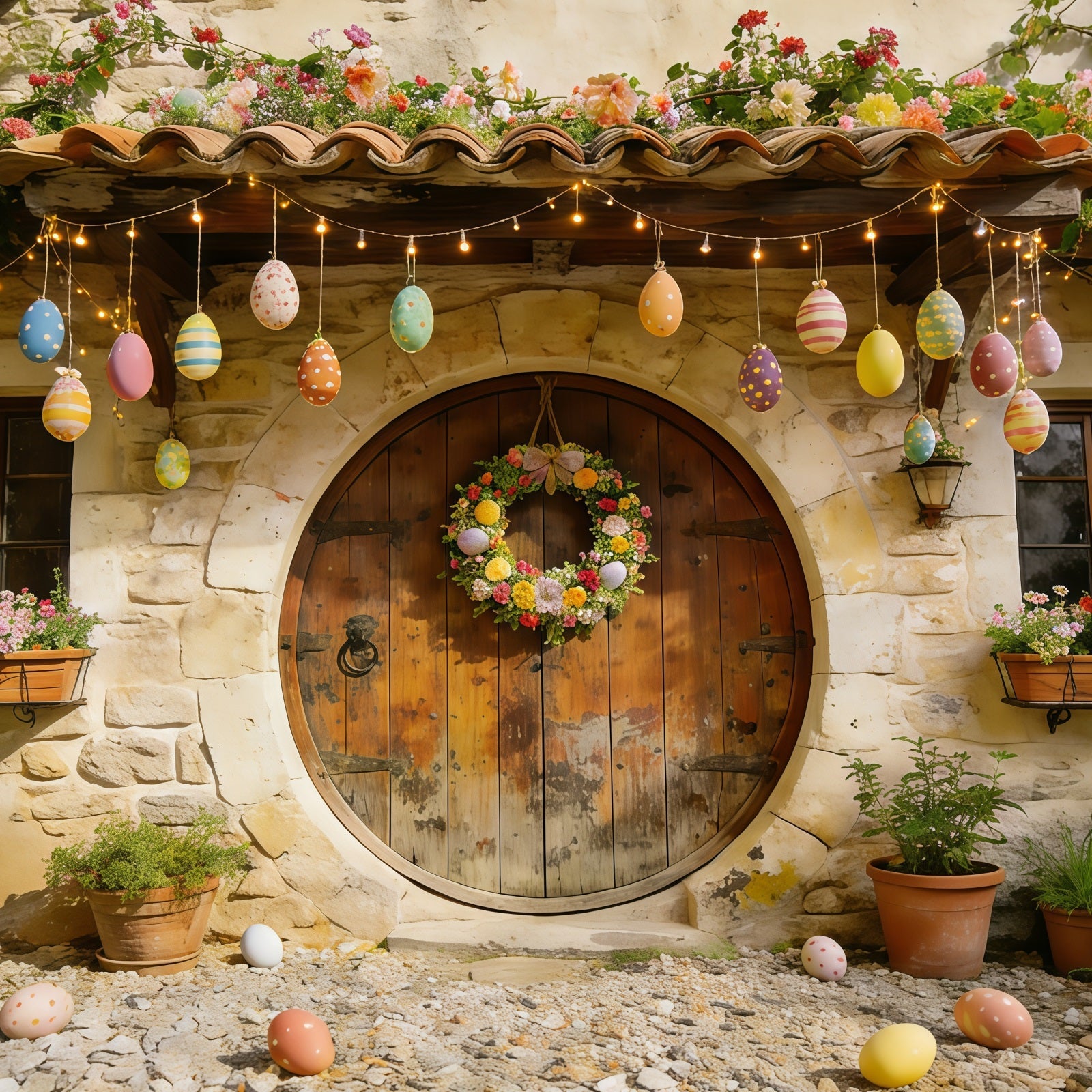 Easter Cottage Garden Backdrop Stone House Eggs Wreath Flowers Simple Easter Backdrop UK CSH61-88