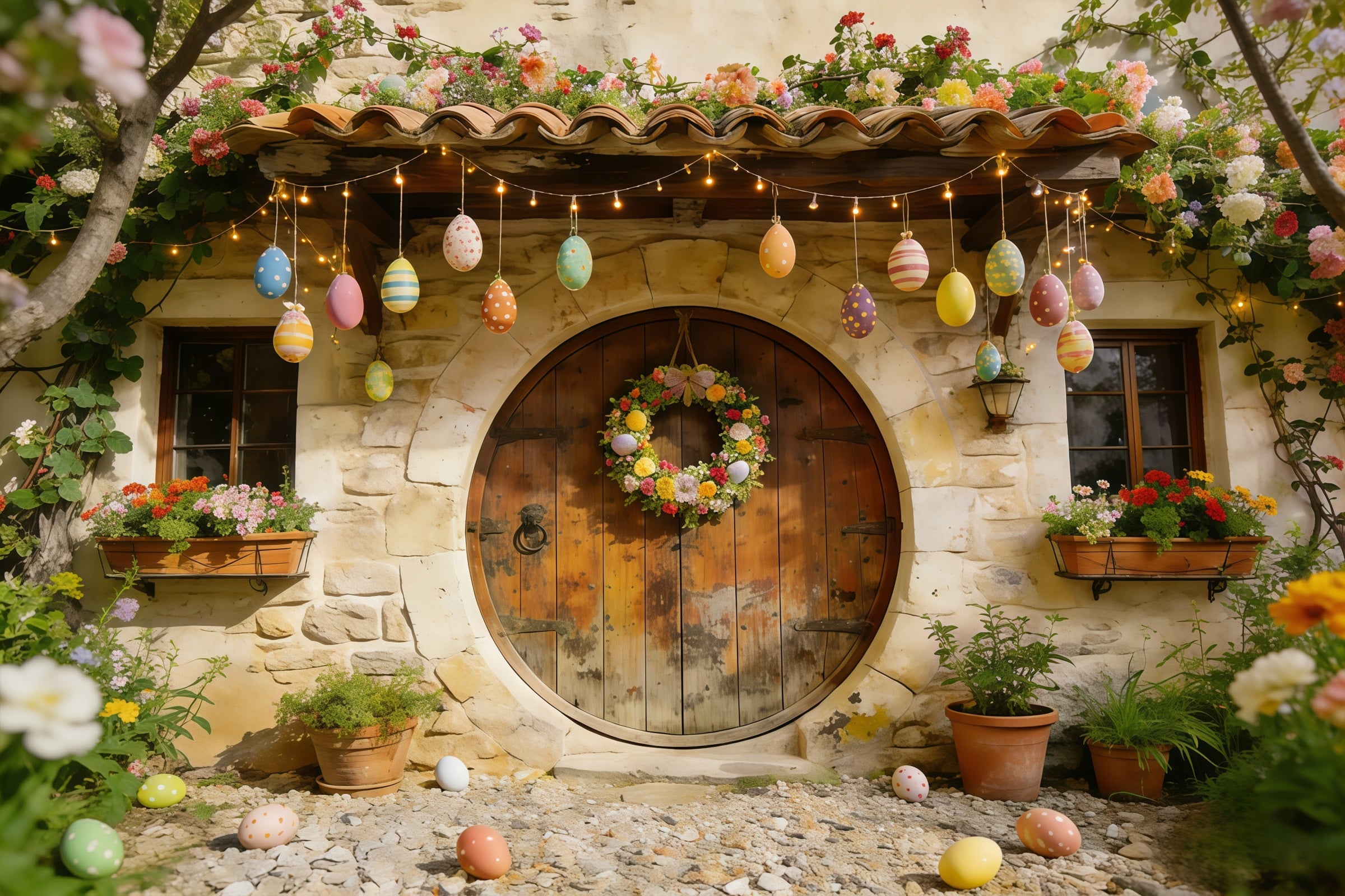 Easter Cottage Garden Backdrop Stone House Eggs Wreath Flowers Simple Easter Backdrop UK CSH61-88