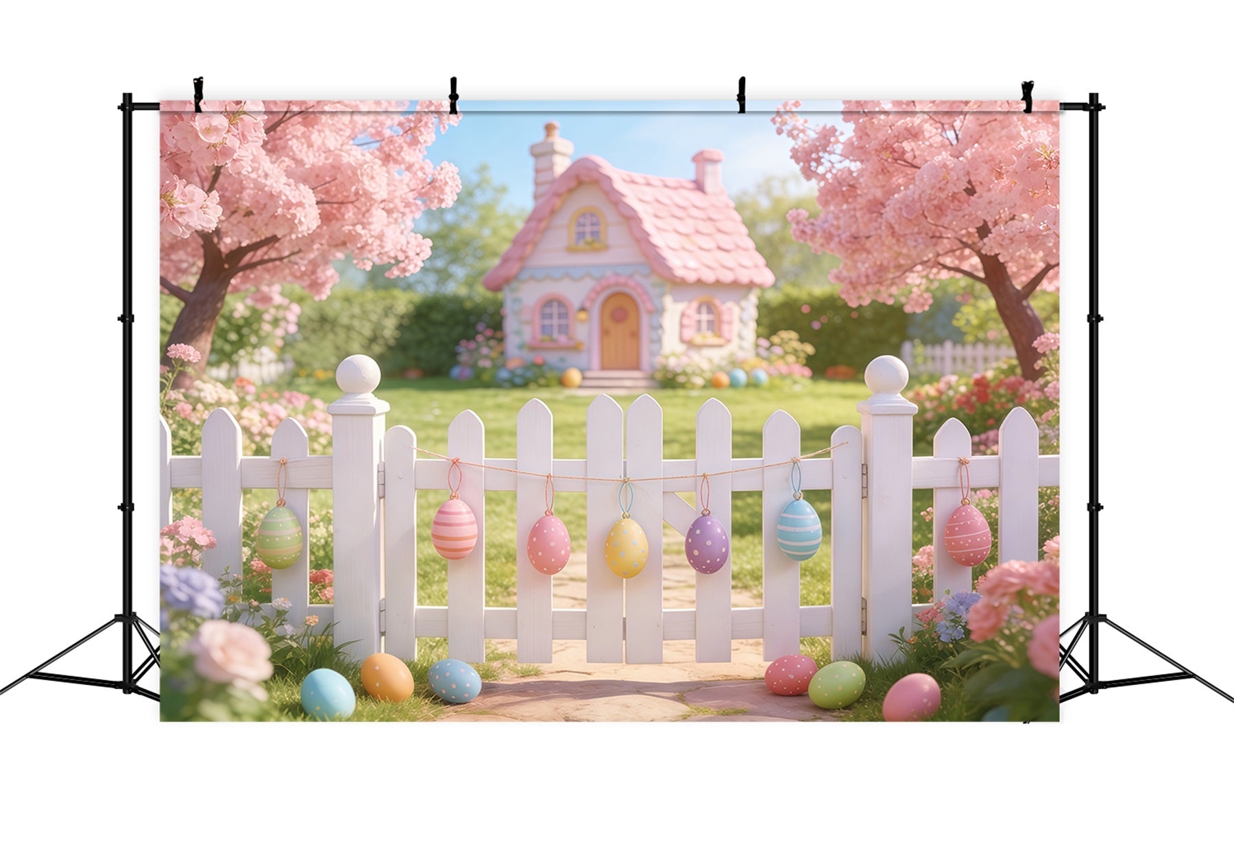 Easter Cottage Garden Backdrop Pink House Fence Blossom Eggs Simple Easter Backdrop UK CSH61-89
