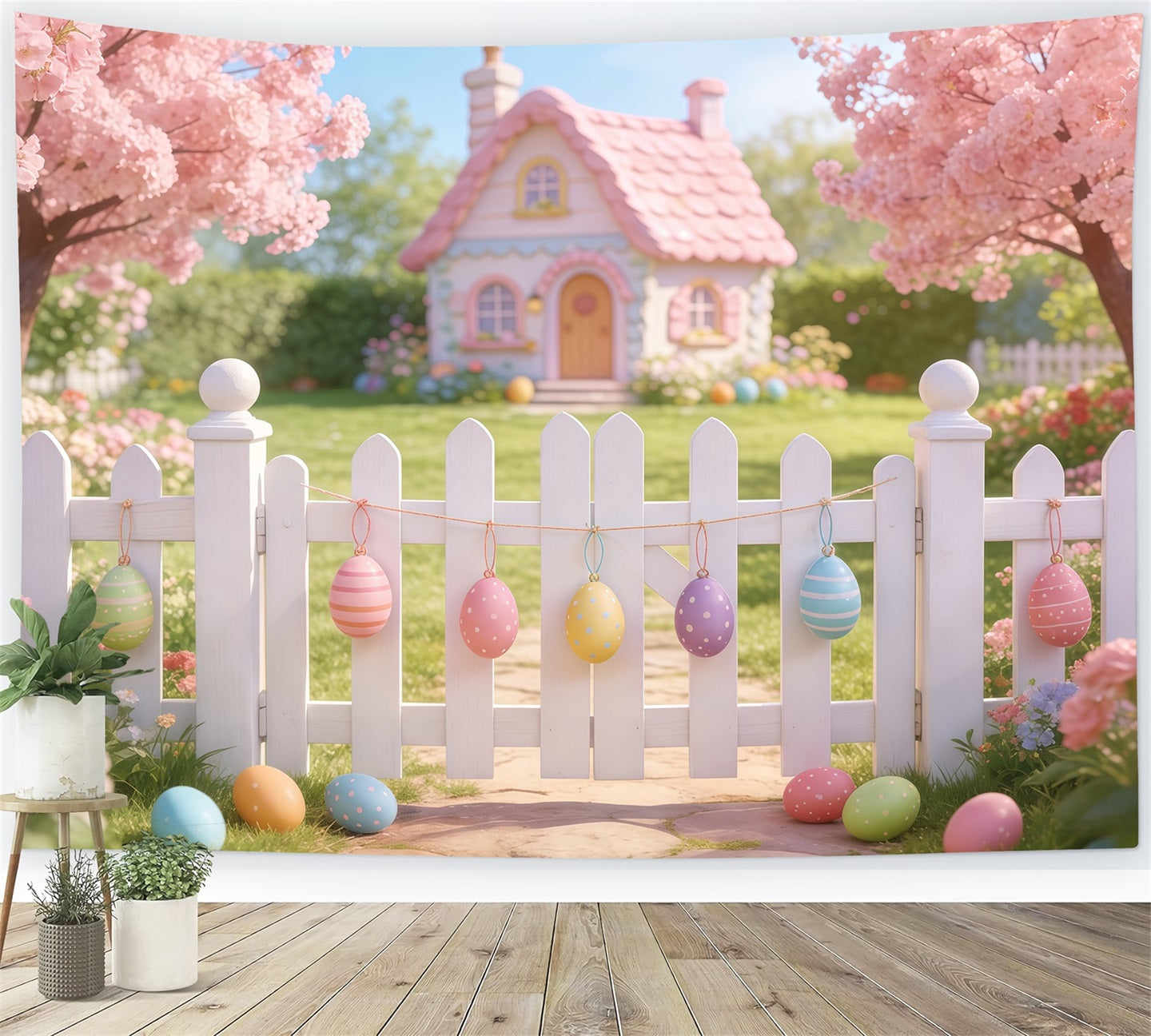 Easter Cottage Garden Backdrop Pink House Fence Blossom Eggs Simple Easter Backdrop UK CSH61-89