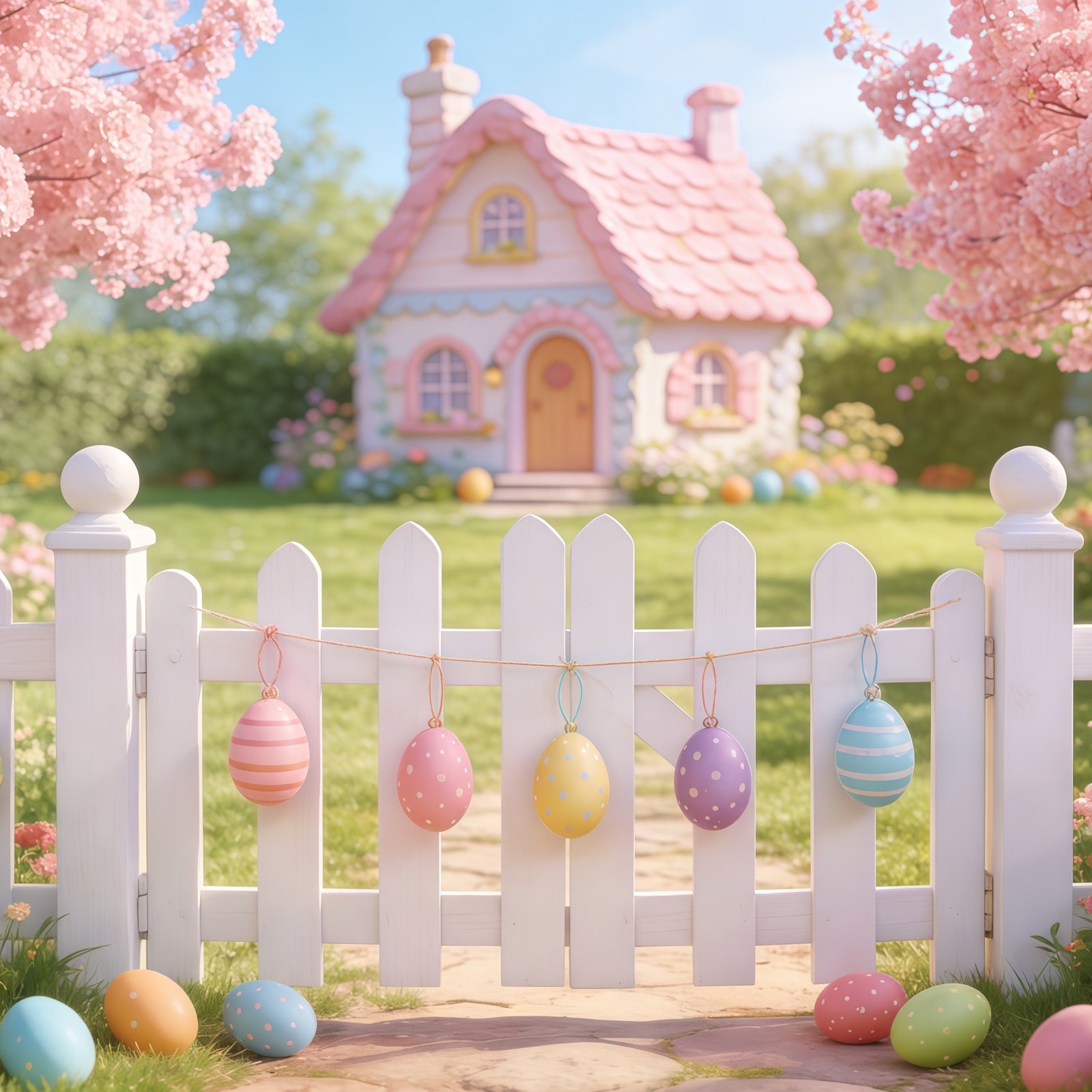 Easter Cottage Garden Backdrop Pink House Fence Blossom Eggs Simple Easter Backdrop UK CSH61-89