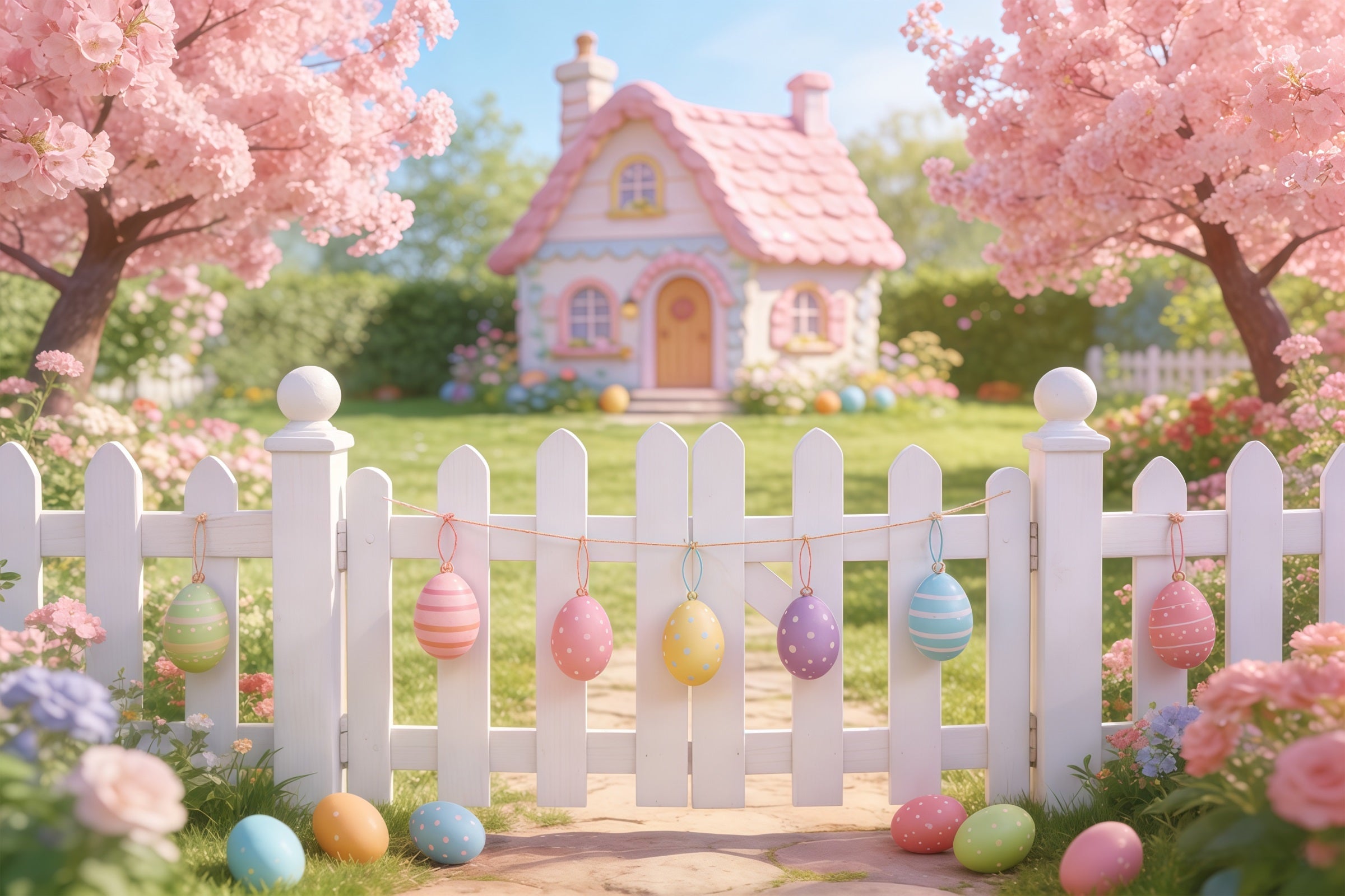 Easter Cottage Garden Backdrop Pink House Fence Blossom Eggs Simple Easter Backdrop UK CSH61-89