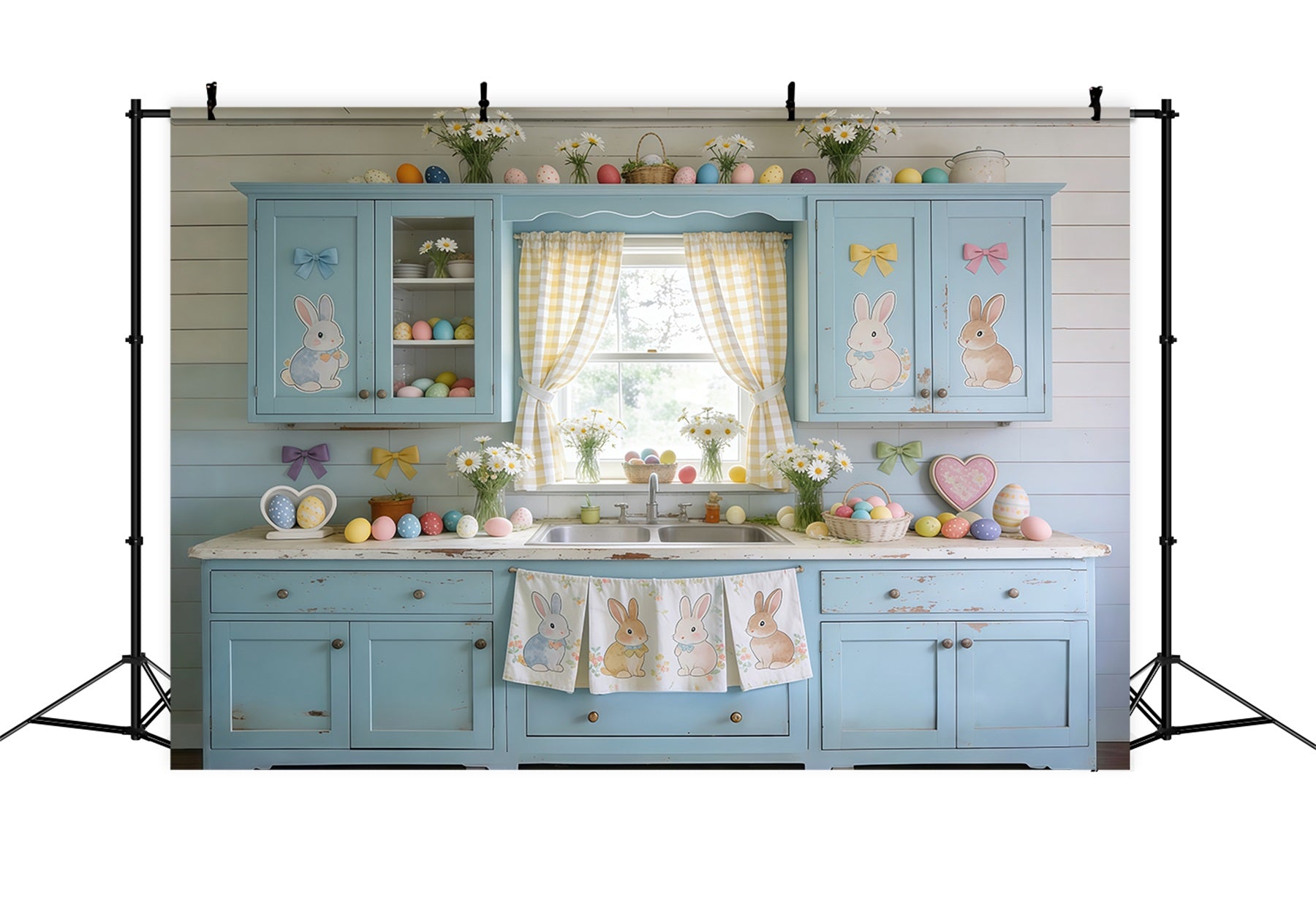 Easter Cute Backdrop Blue Cabinet Bunny Eggs Daisies Photography Backdrops Easter UK CSH61-90