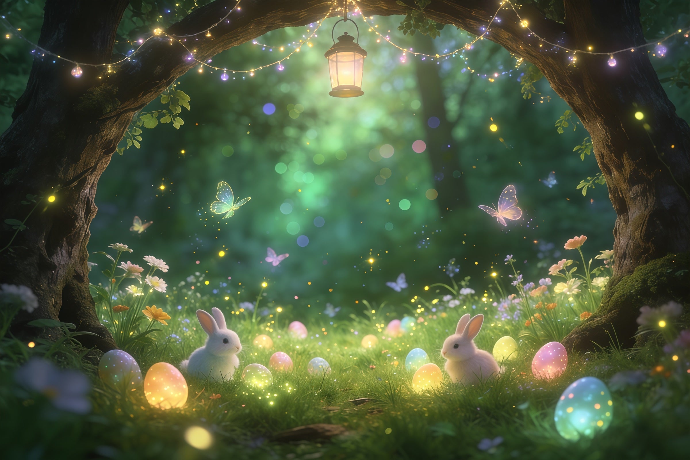 Easter Fairytale Backdrop Enchanted Forest Bunny Glowing Eggs Easter Party Backdrop UK CSH61-91