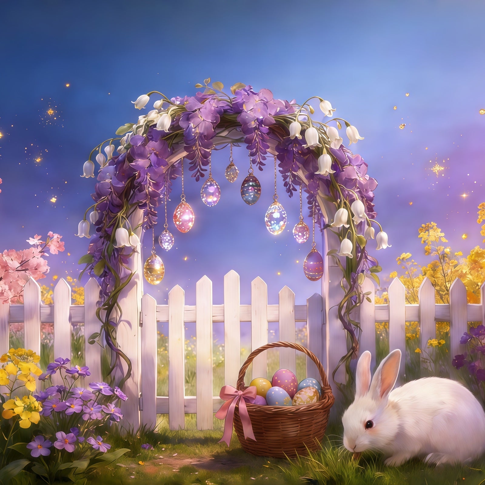 Easter Fairytale Backdrop Flower Arch Fence Eggs Hanging Bunny Easter Party Backdrop UK CSH61-92