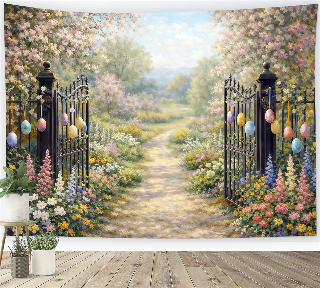 Easter Vintage Floral Backdrop Garden Gate Blossom Path Eggs 10x10 Easter Backdrops UK CSH61-93