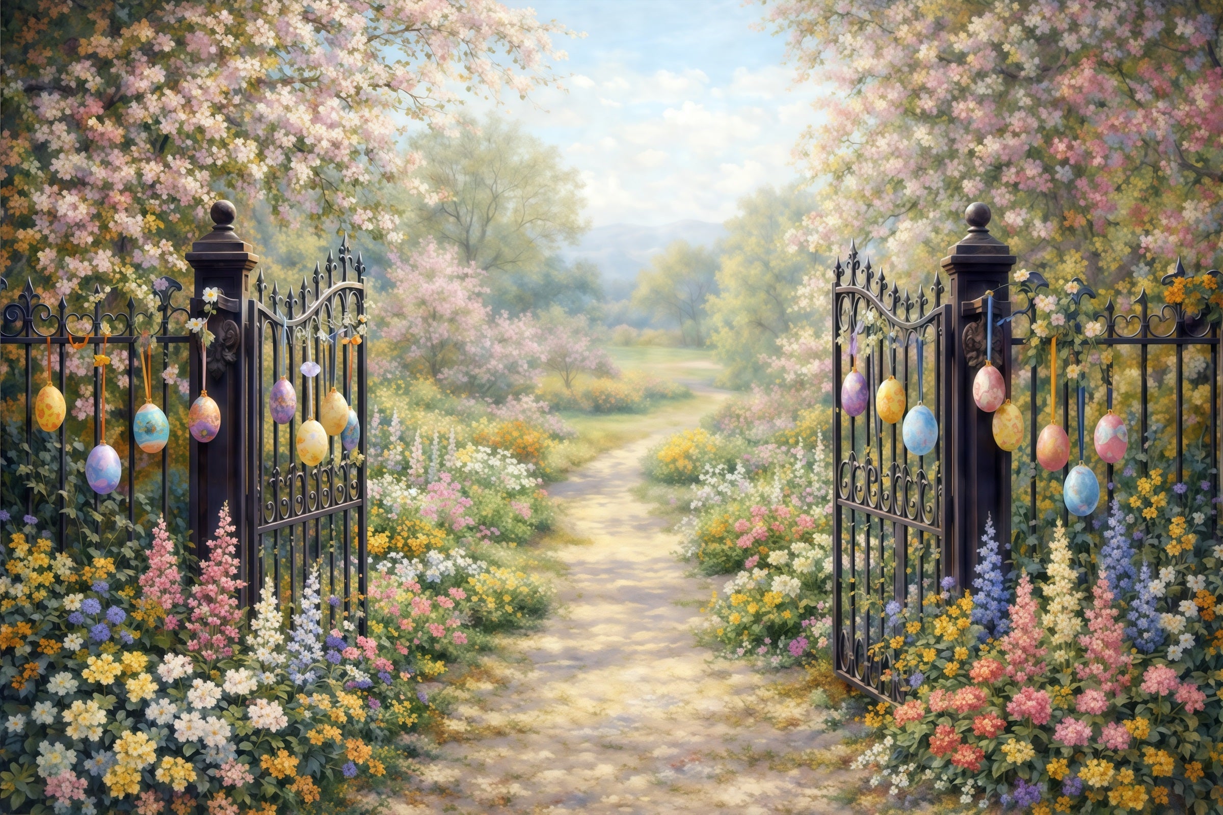 Easter Vintage Floral Backdrop Garden Gate Blossom Path Eggs 10x10 Easter Backdrops UK CSH61-93