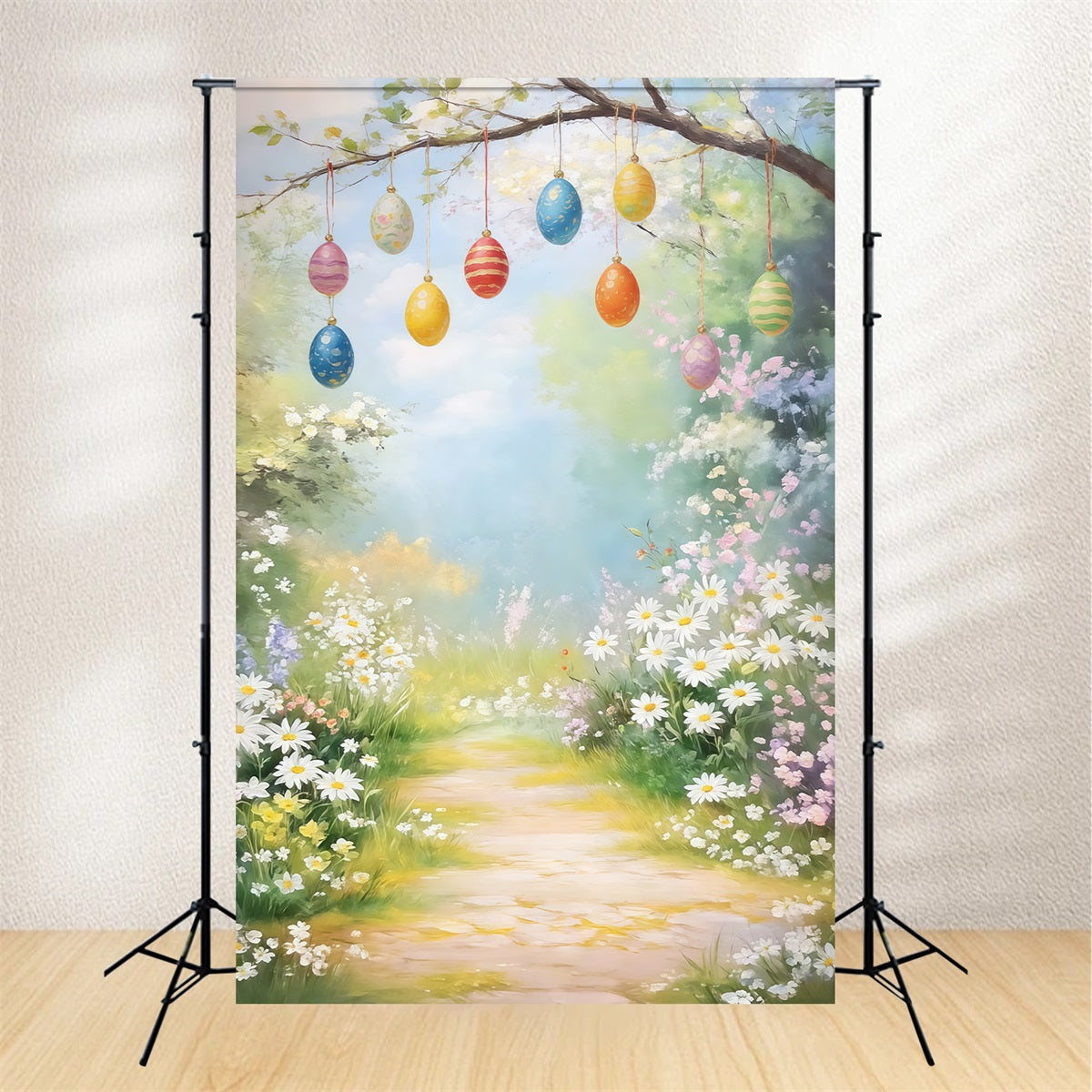 Easter Vintage Floral Backdrop White Blossom Meadow Daisies Egg 10x10 Easter Backdrops UK CSH61-94