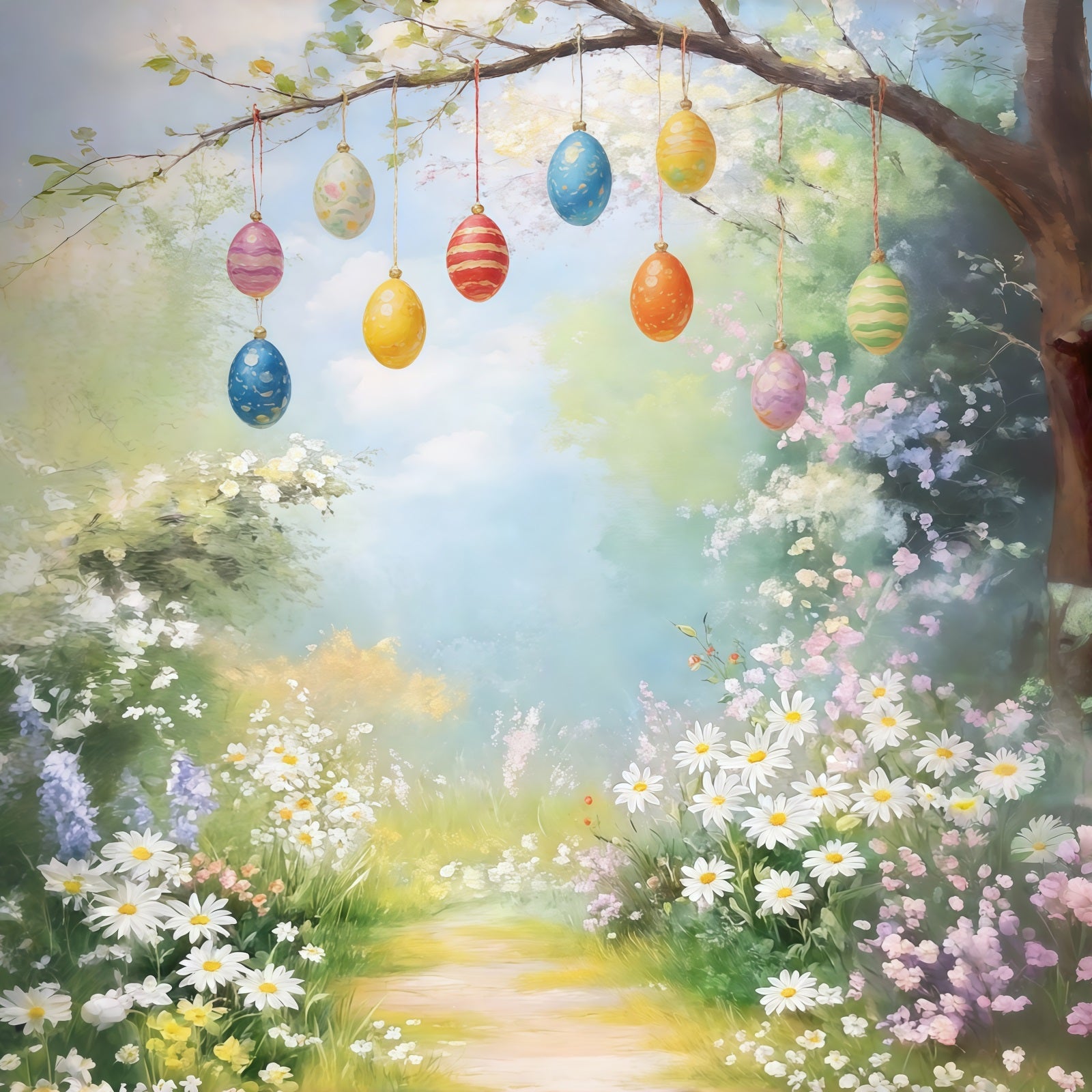 Easter Vintage Floral Backdrop White Blossom Meadow Daisies Egg 10x10 Easter Backdrops UK CSH61-94