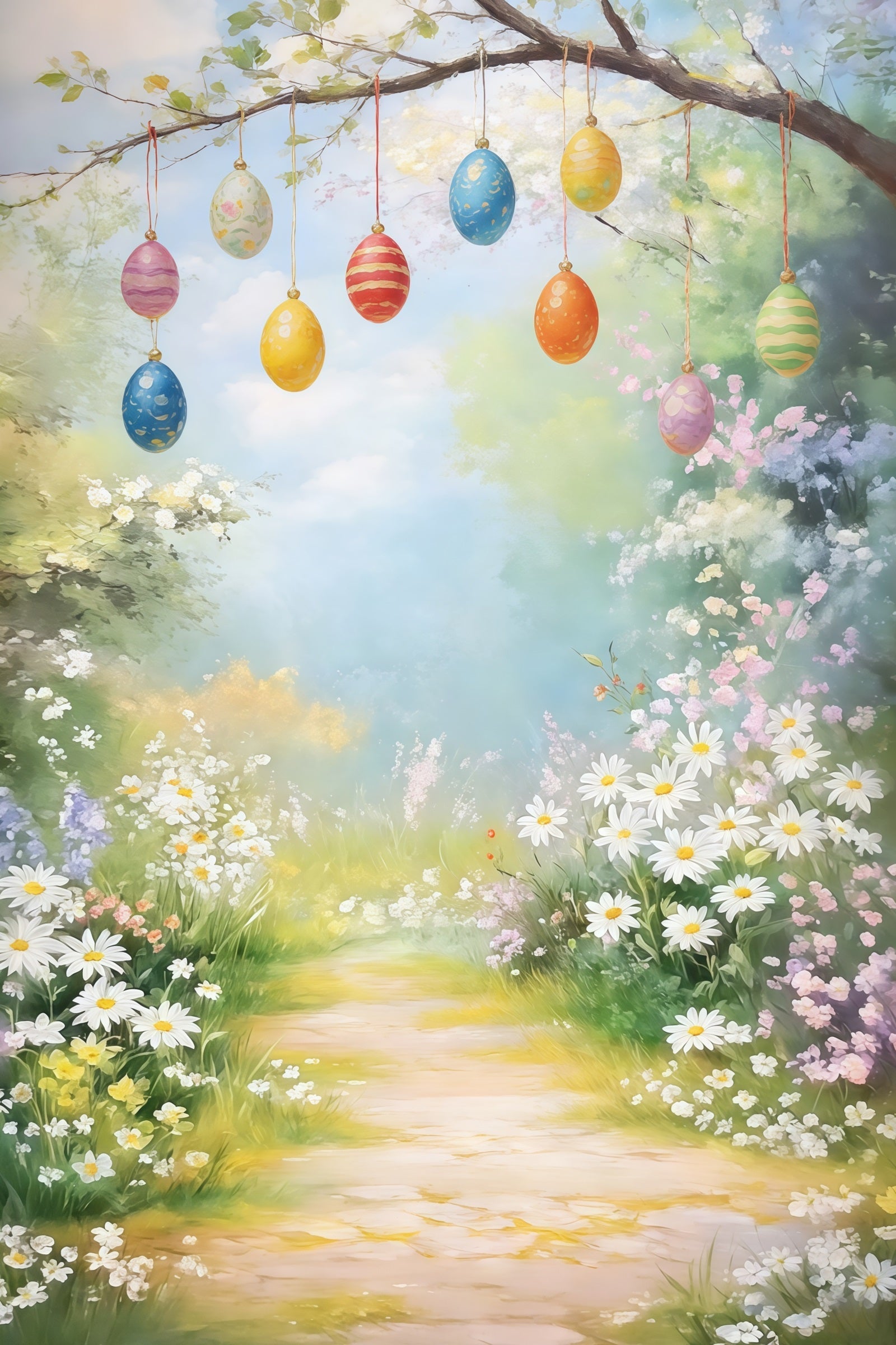 Easter Vintage Floral Backdrop White Blossom Meadow Daisies Egg 10x10 Easter Backdrops UK CSH61-94