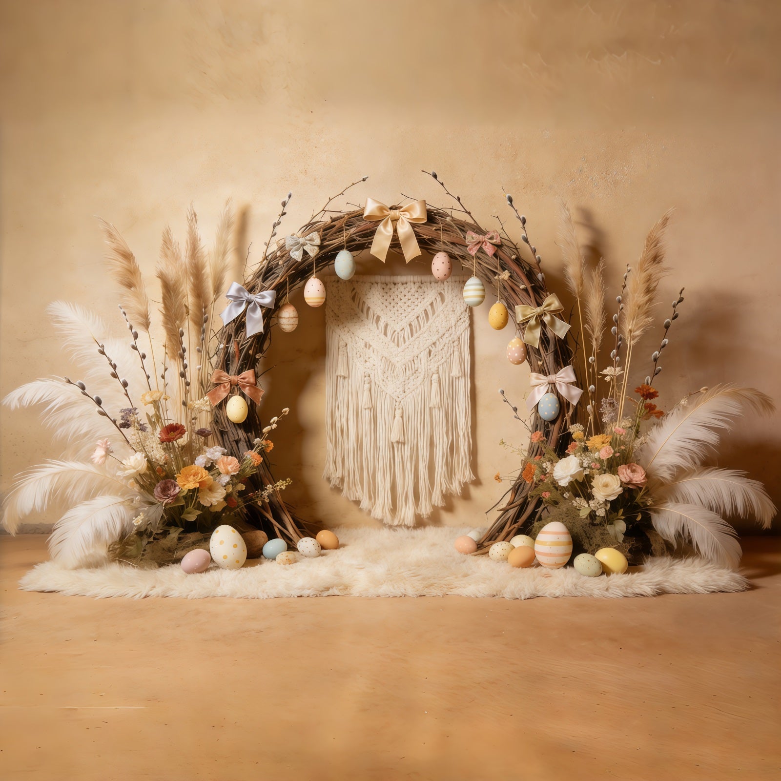 Easter Boho Backdrop Rustic Arch Pastel Eggs Bows 10x10 Easter Backdrops UK CSH61-95