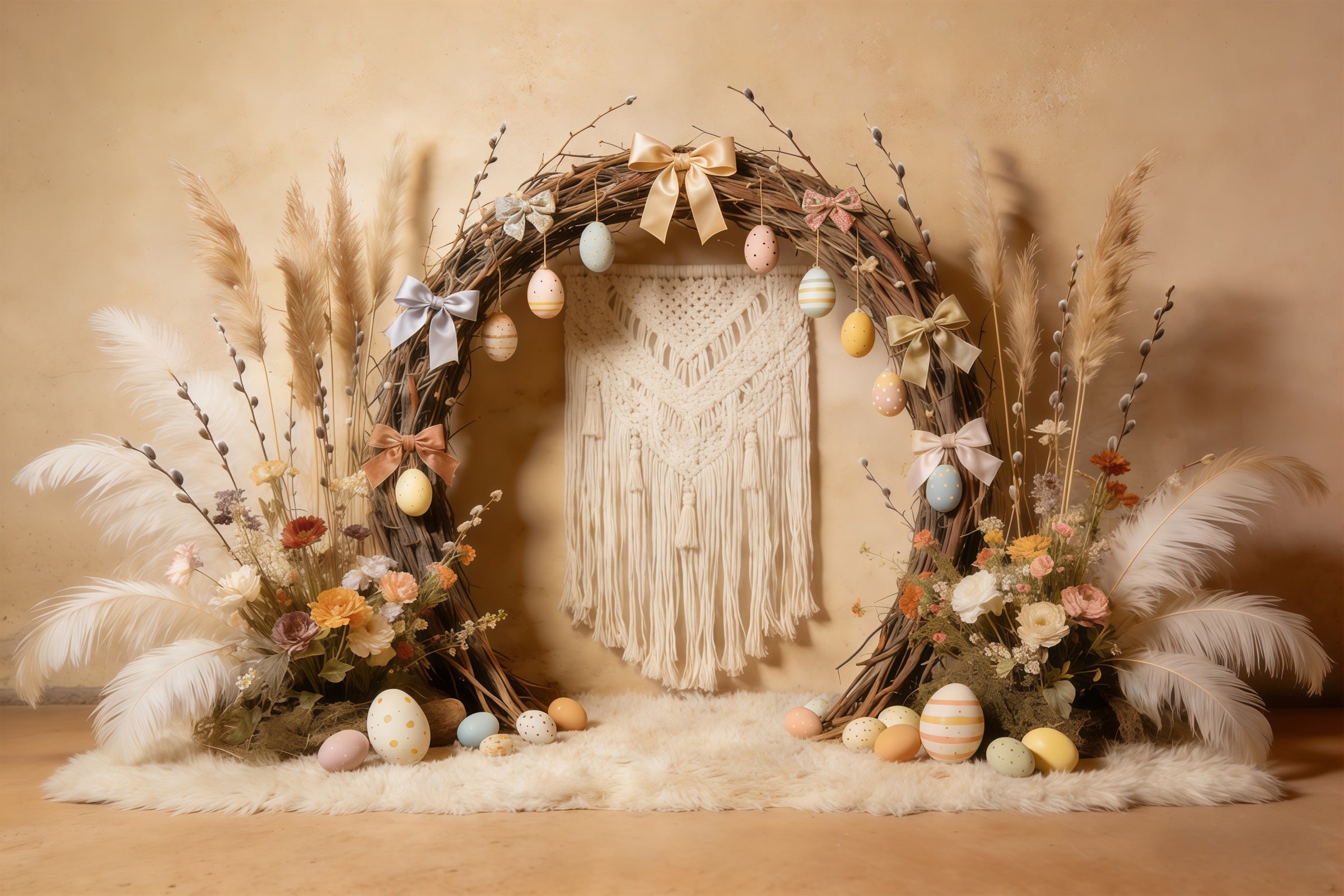 Easter Boho Backdrop Rustic Arch Pastel Eggs Bows 10x10 Easter Backdrops UK CSH61-95