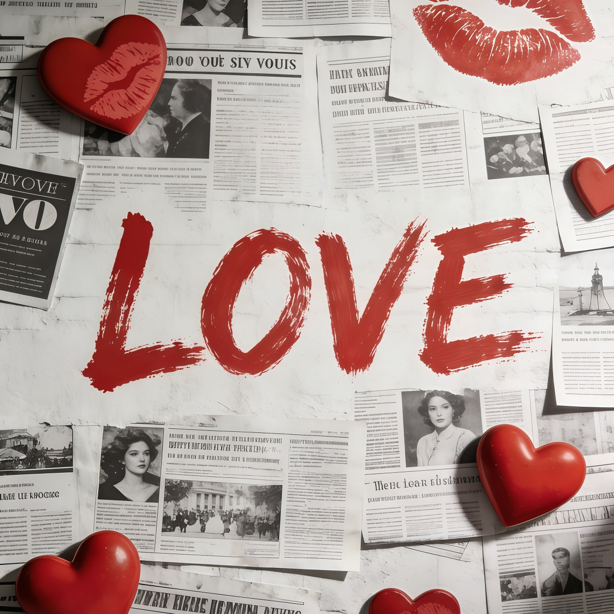 Newspaper Valentine Backdrop Vintage Love Doodle Hearts Valentine Photo Backdrop UK CSH61-99