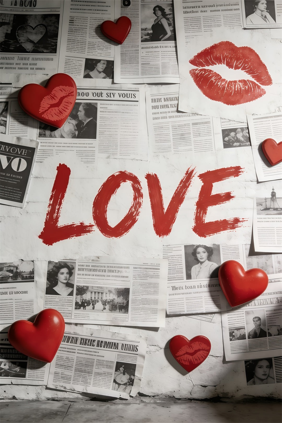 Newspaper Valentine Backdrop Vintage Love Doodle Hearts Valentine Photo Backdrop UK CSH61-99