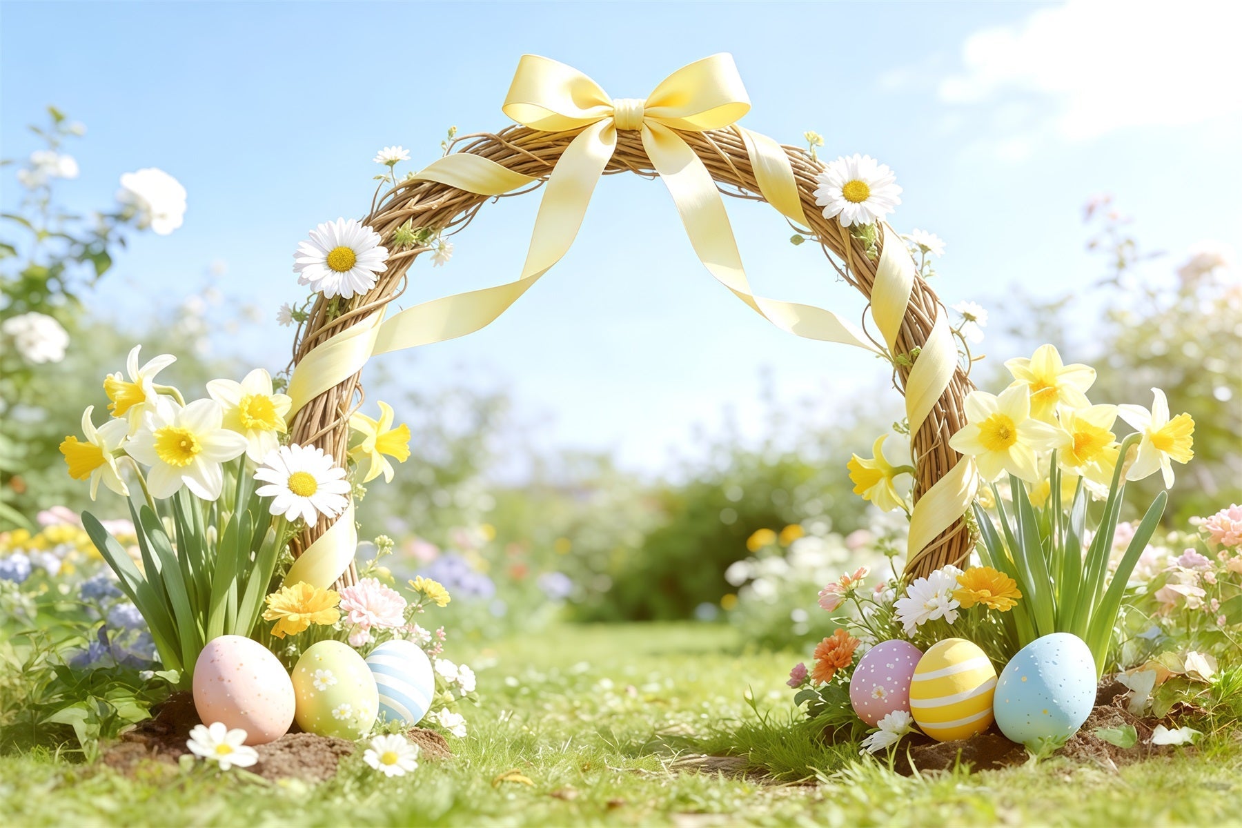 Easter Spring Garden Arch Backdrop Yellow Bow Daffodil,l Arch Happy Easter Photo Backdrop UK CSH62-101