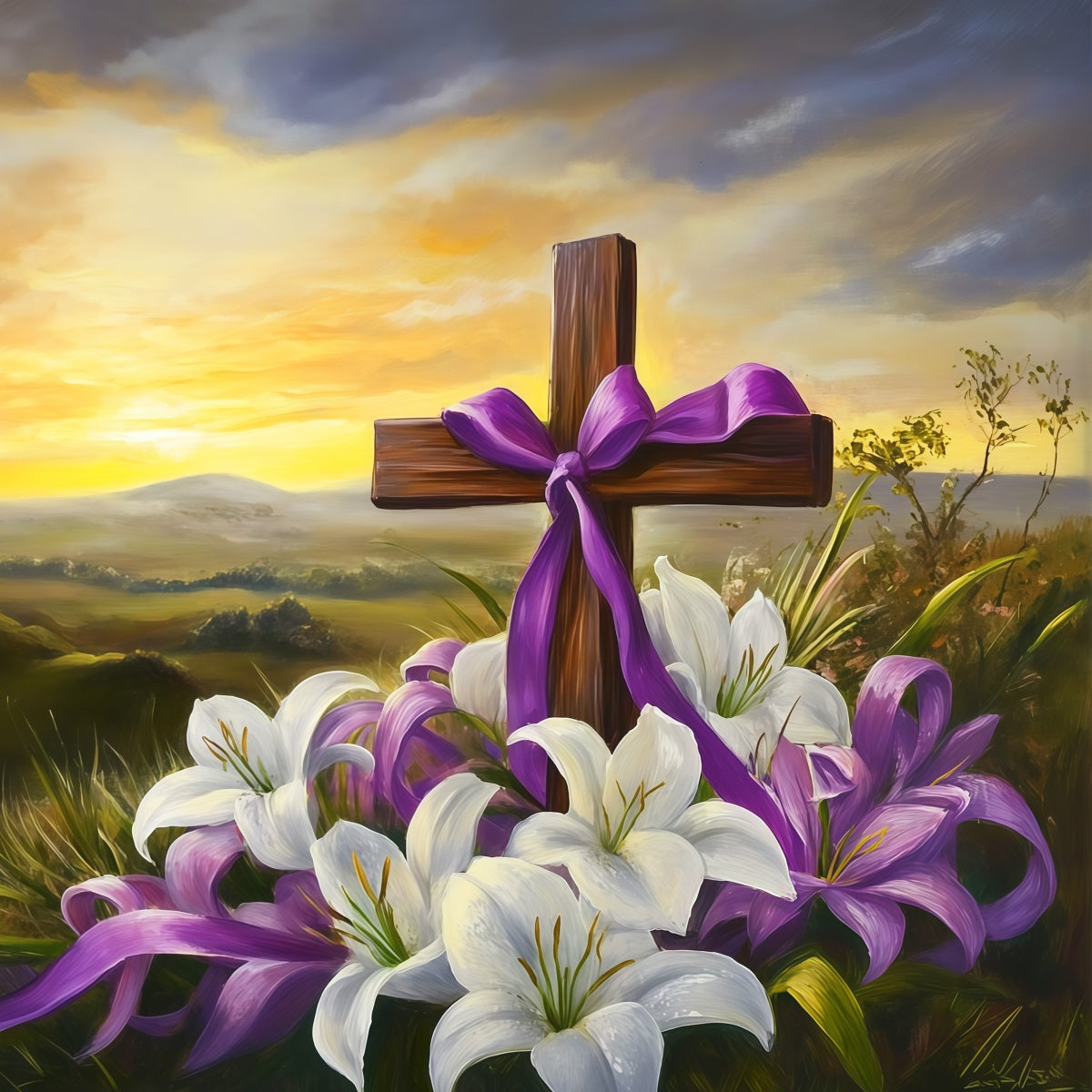Easter Cross And Lilies Backdrop Sunset Mountain Religious Photo Backdrops For Easter UK CSH62-103