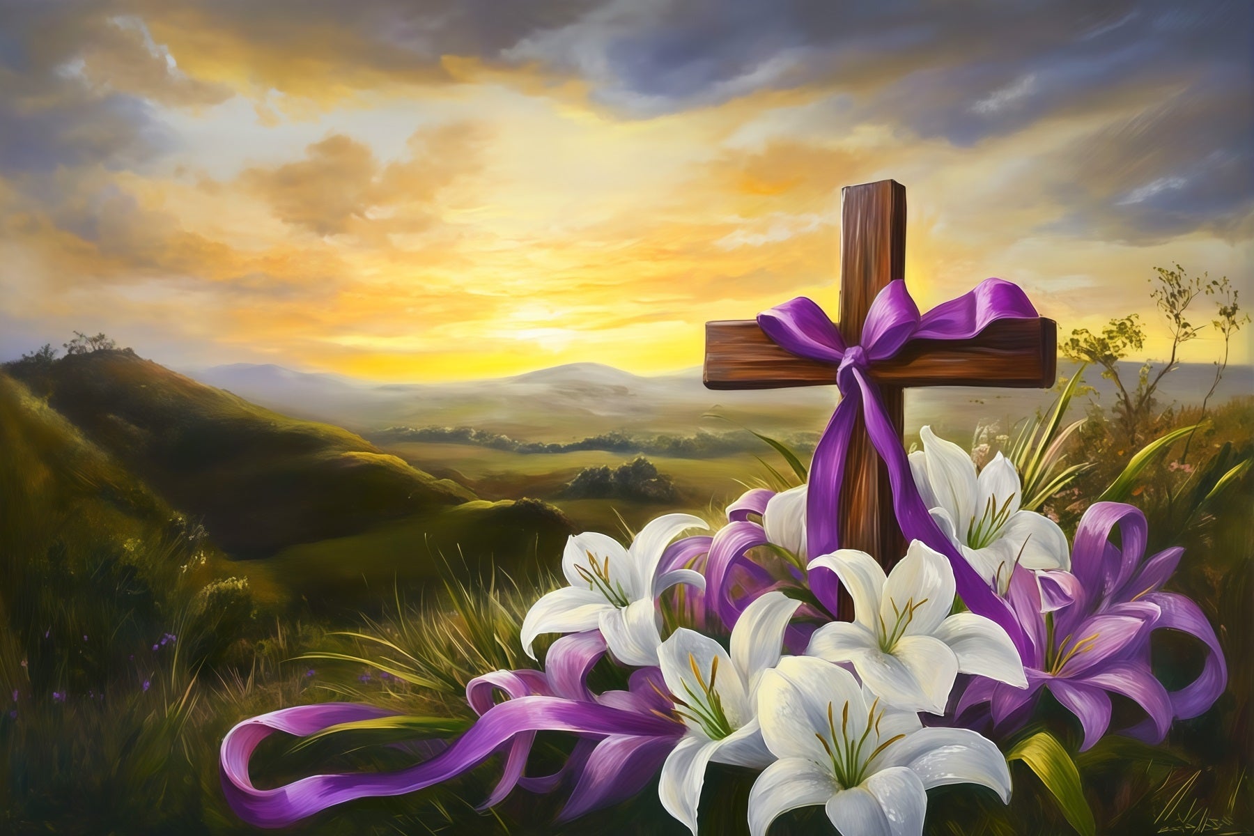Easter Cross And Lilies Backdrop Sunset Mountain Religious Photo Backdrops For Easter UK CSH62-103