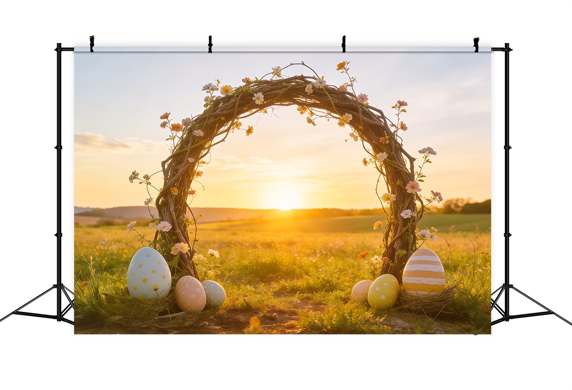 Easter Sunrise Field Backdrop Wildflower Twig Arch Eggs Simple Easter Backdrop UK CSH62-104