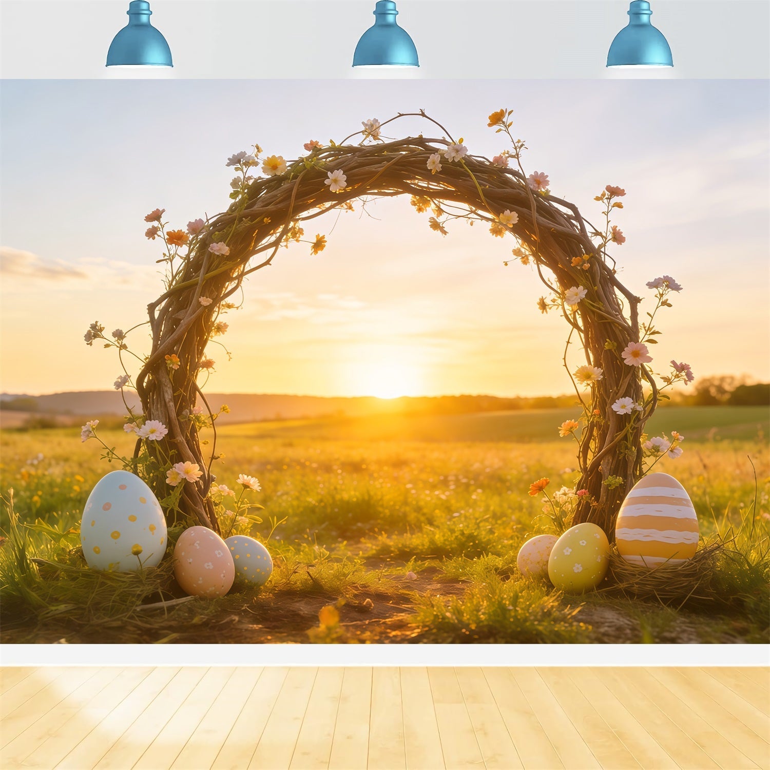 Easter Sunrise Field Backdrop Wildflower Twig Arch Eggs Simple Easter Backdrop UK CSH62-104