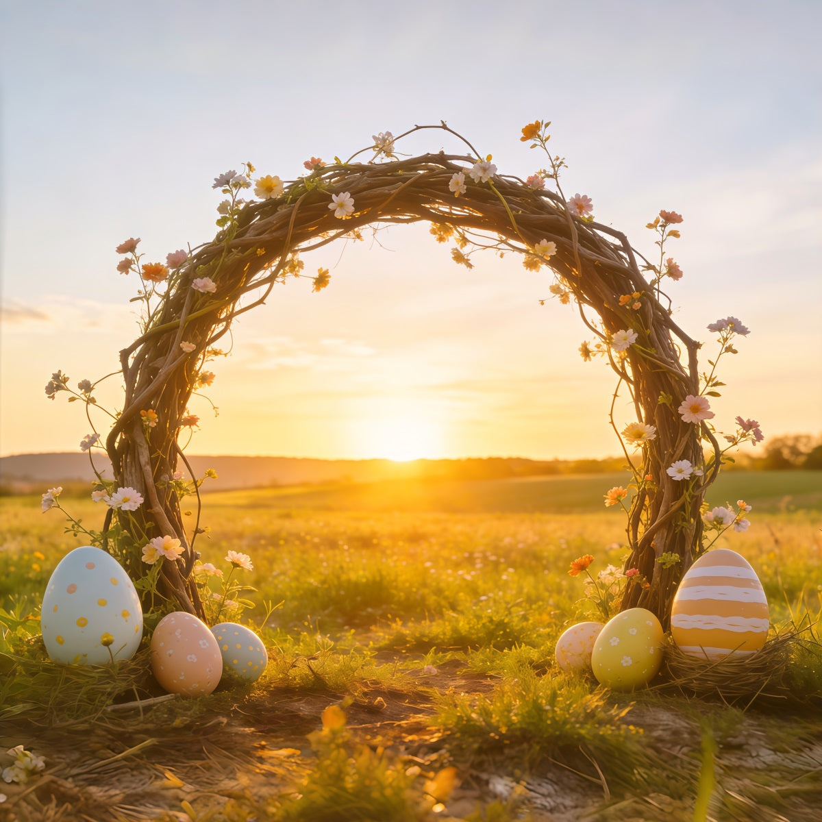 Easter Sunrise Field Backdrop Wildflower Twig Arch Eggs Simple Easter Backdrop UK CSH62-104