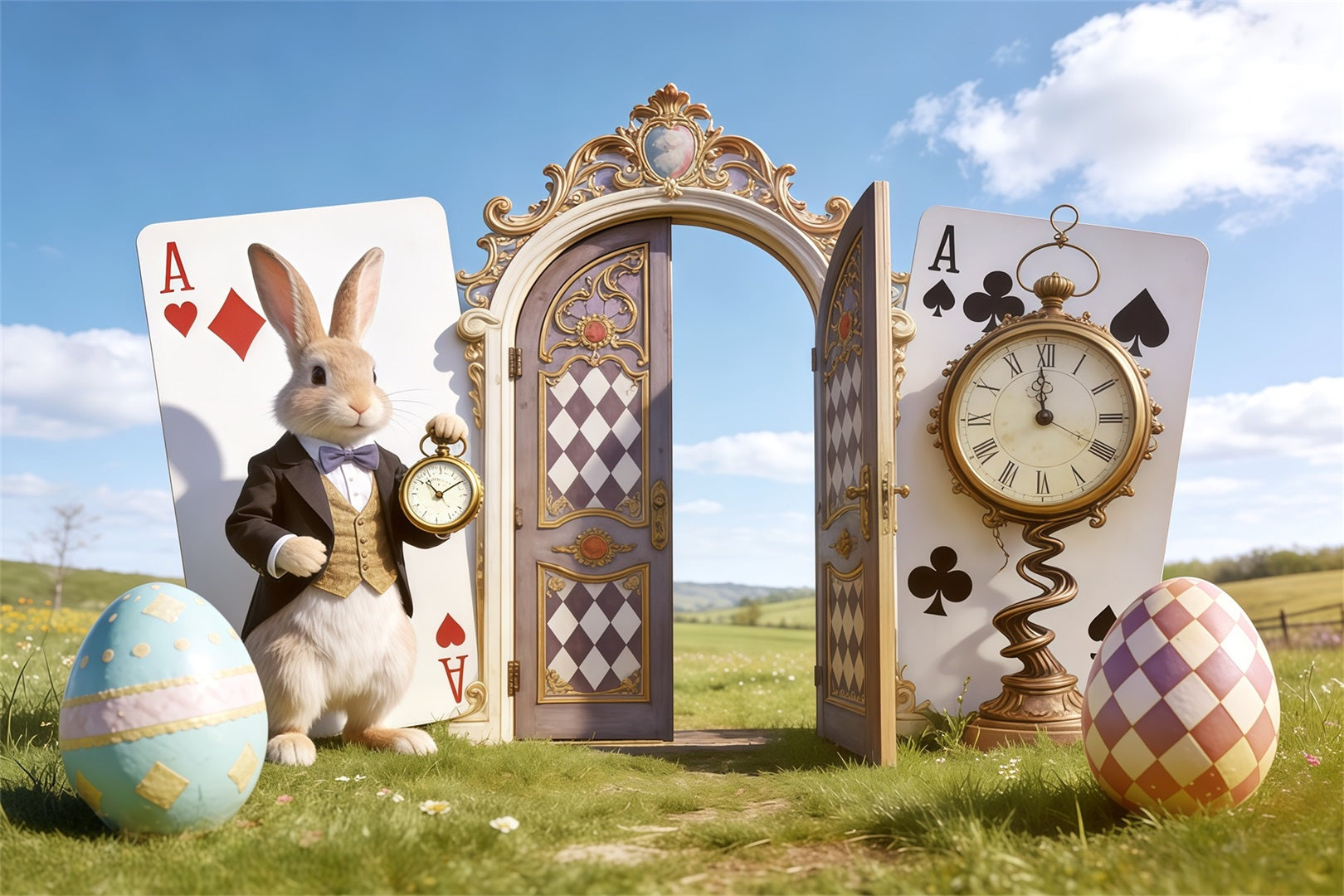Easter Blue Sky Backdrop Wonderland Bunny Clock Door Photography Backdrops Easter UK CSH62-105