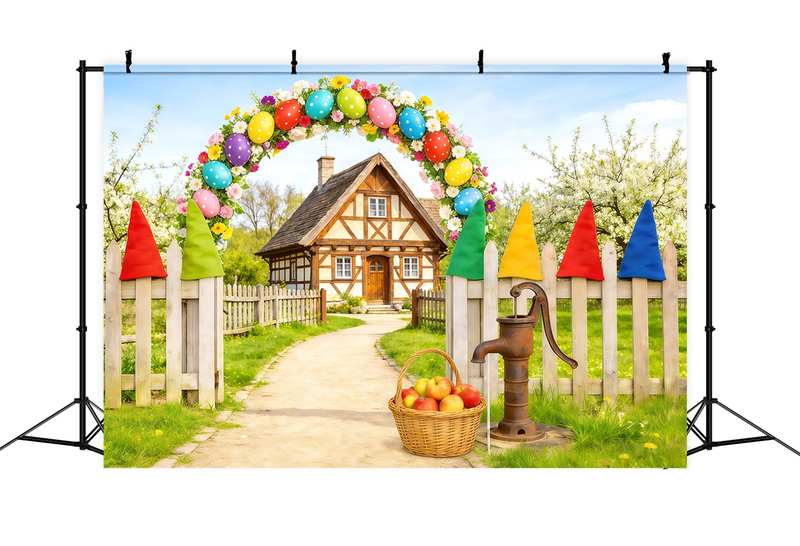 Easter Country Lane Backdrop Egg Arch Gnome Cottage Easter Theme Backdrop UK CSH62-110