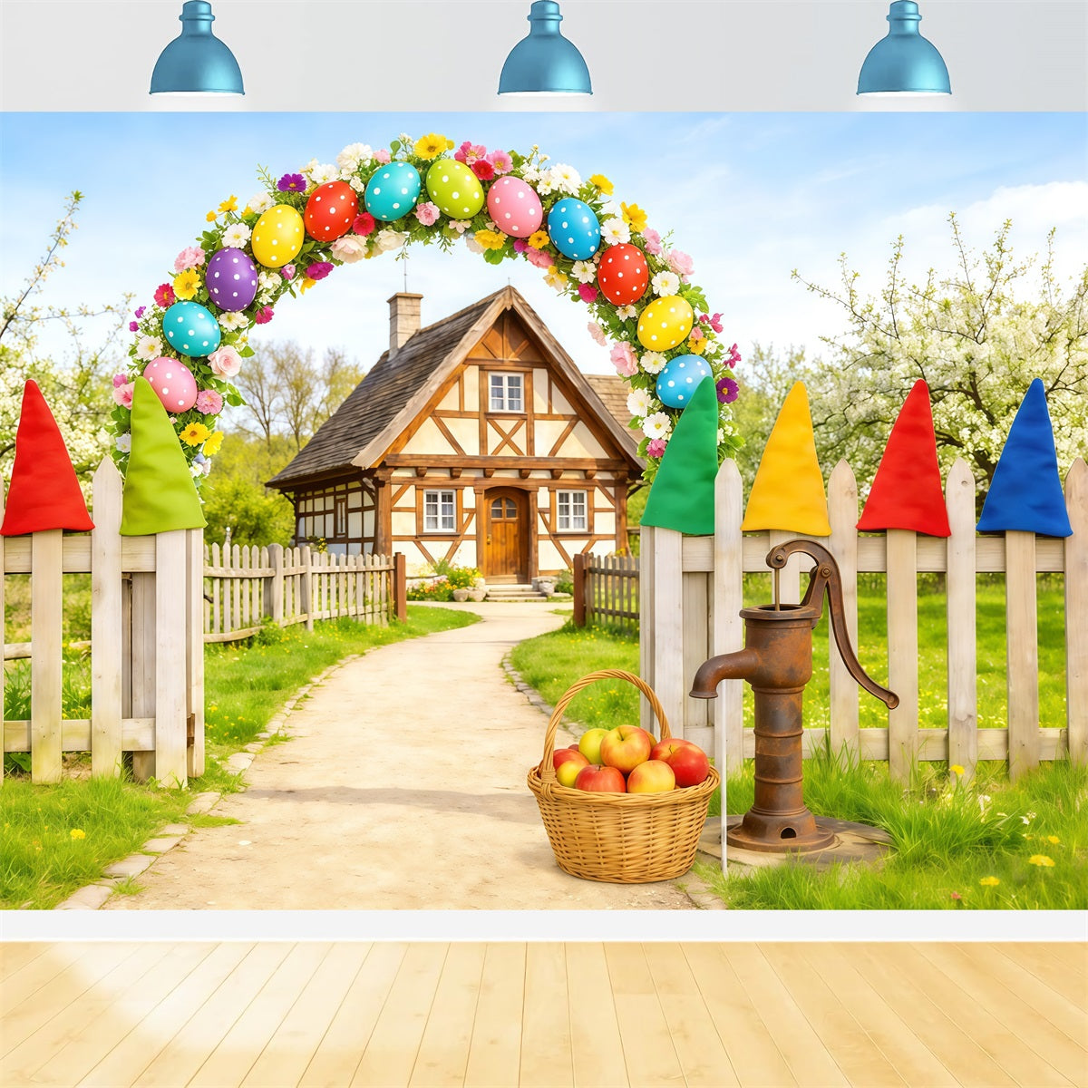 Easter Country Lane Backdrop Egg Arch Gnome Cottage Easter Theme Backdrop UK CSH62-110