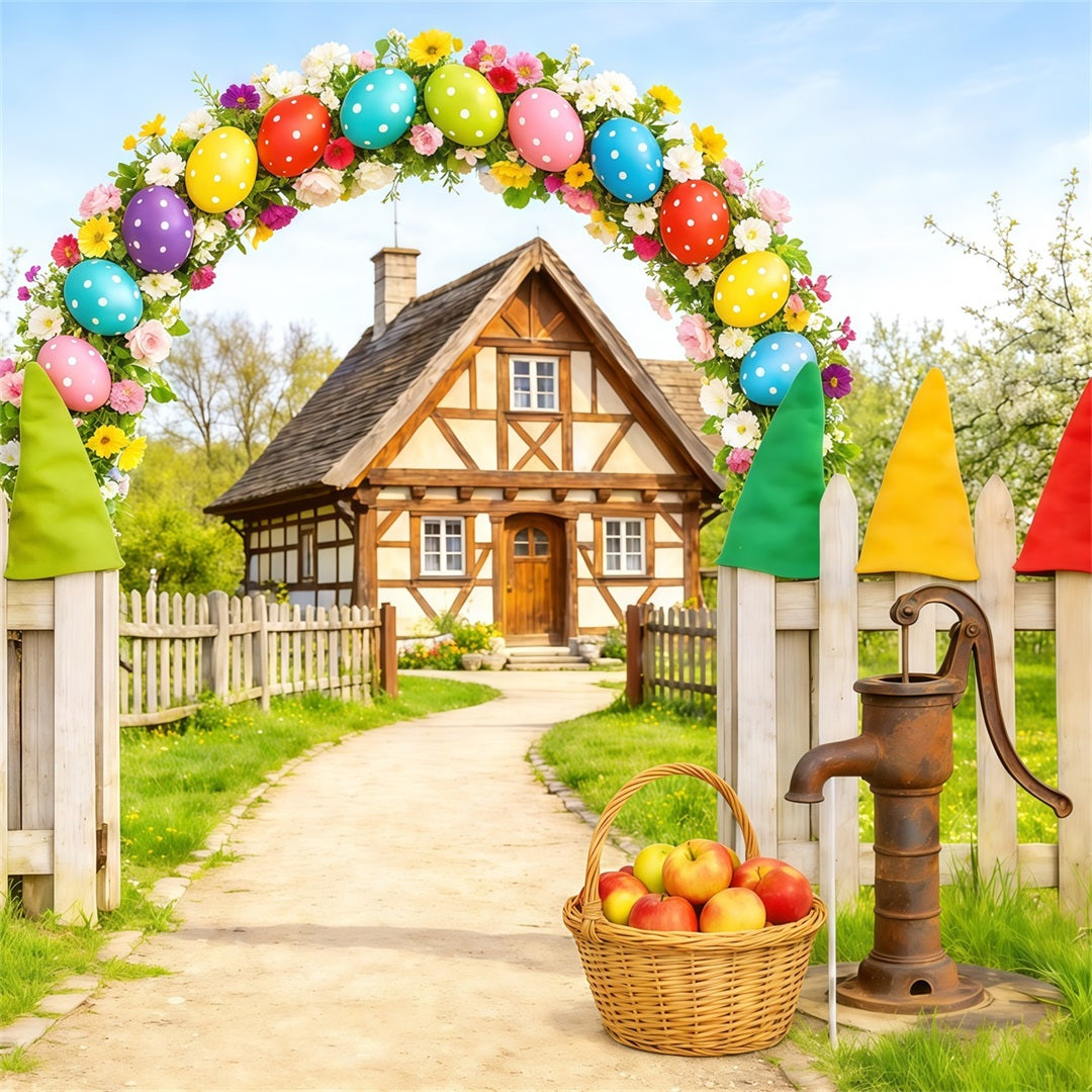 Easter Country Lane Backdrop Egg Arch Gnome Cottage Easter Theme Backdrop UK CSH62-110